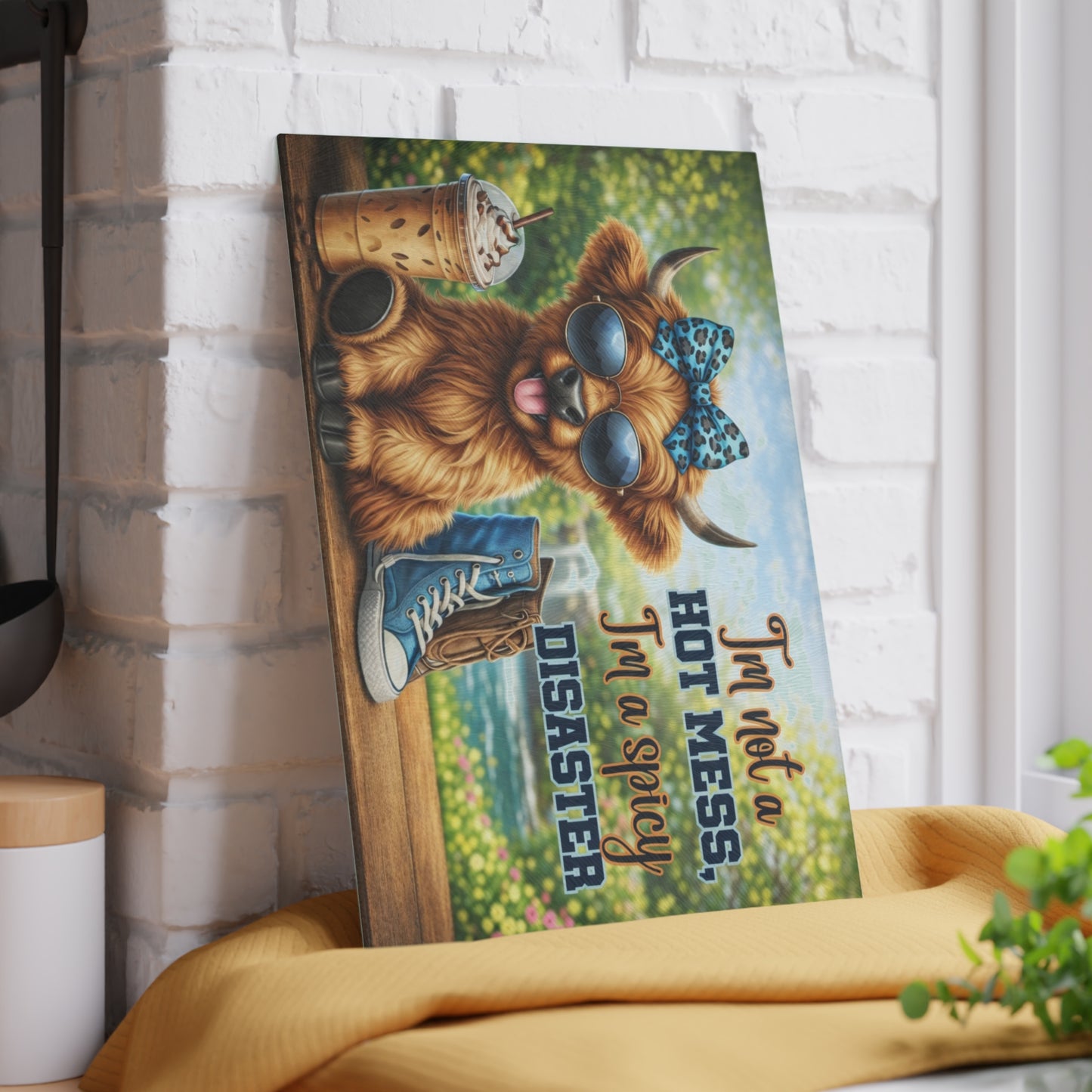 I’m Not a Hot Mess, I’m a Spicy Disaster Glass Cutting Board – Sassy Highland Cow Kitchen Artwork