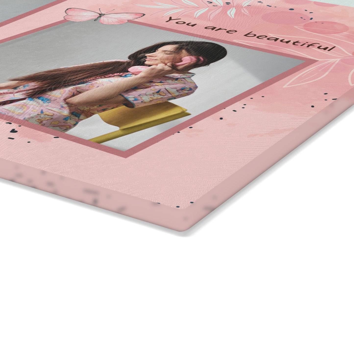 You Are Beautiful Photo Collage Glass Cutting Board – Pink Butterfly Inspirational Keepsake