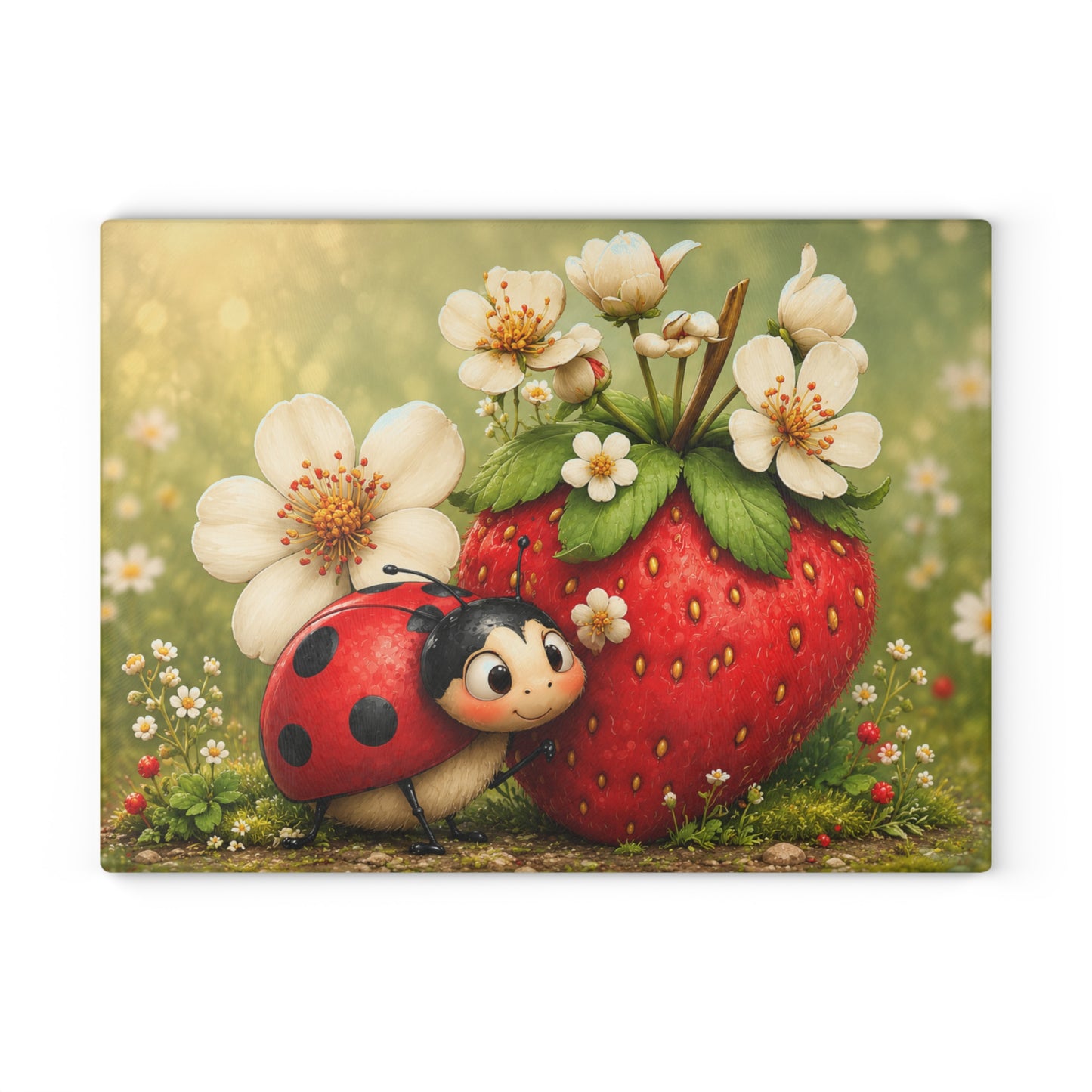 Ladybug & Strawberry Glass Cutting Board – Whimsical Garden Artwork with Sweet Spring Charm