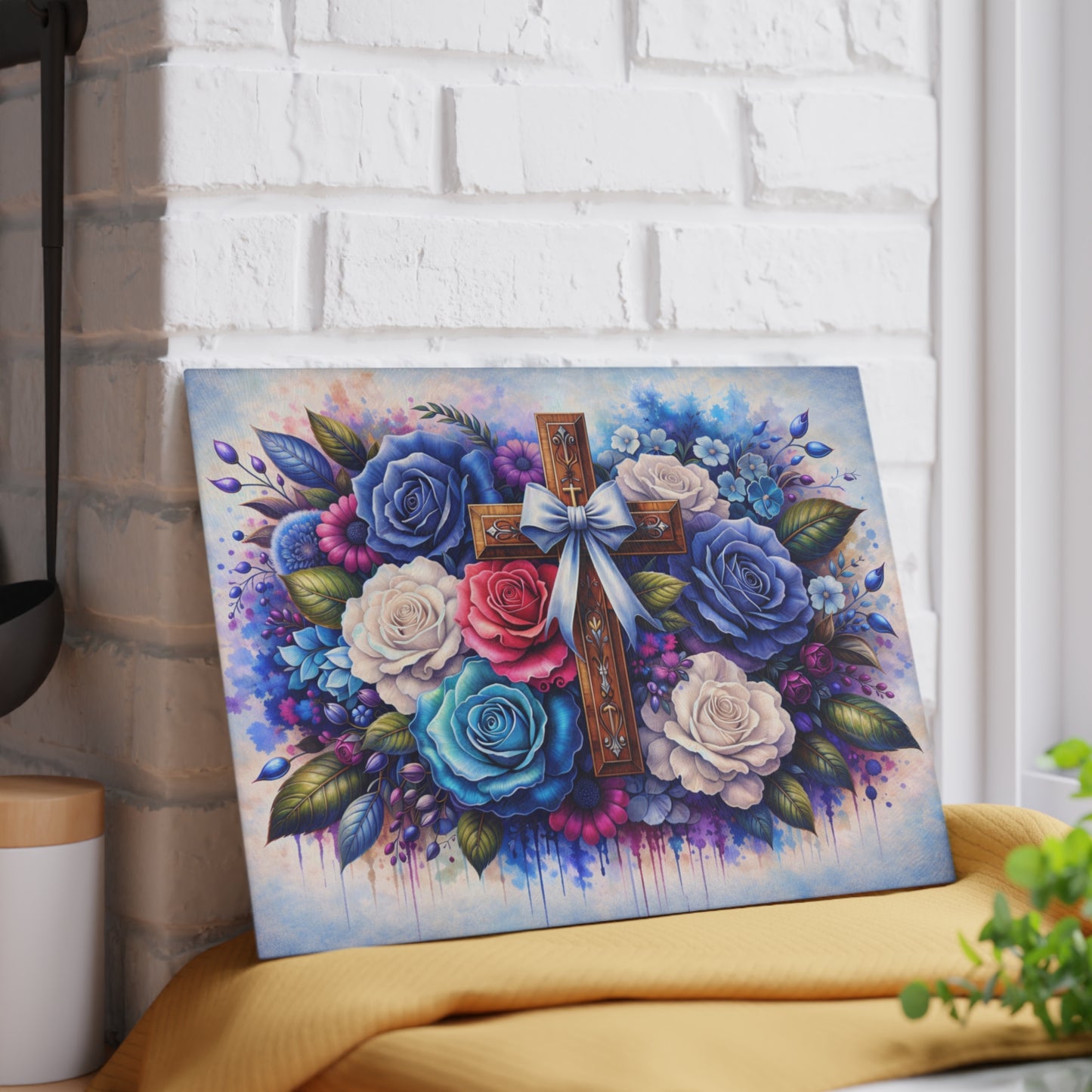 Floral Cross Glass Cutting Board – Faith-Inspired Christian Kitchen Art