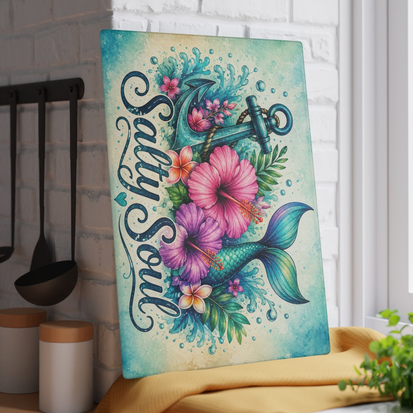 Salty Soul Mermaid Tail Glass Cutting Board – Coastal Beach Kitchen Decor with Anchor & Tropical Flowers