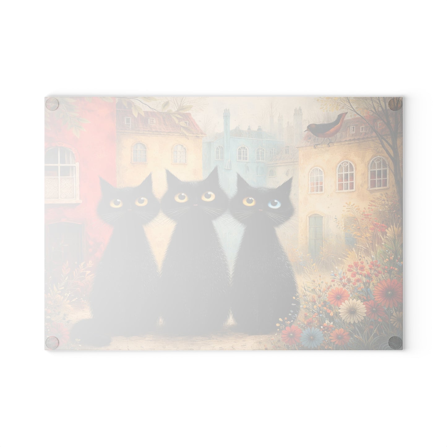 Whimsical Black Cat Glass Cutting Board – Storybook Village Cat Art Kitchen Decor