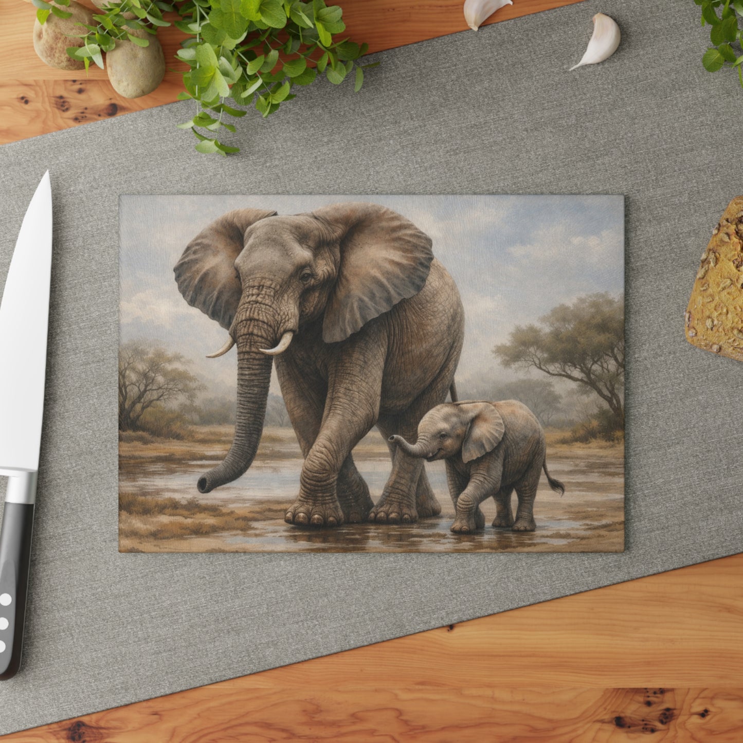Mother and Baby Elephant Glass Cutting Board – Gentle Safari Wildlife Kitchen Art