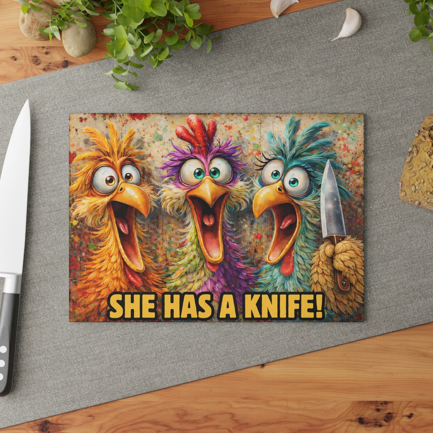 She Has a Knife! Funny Chicken Glass Cutting Board – Bold Farmhouse Kitchen Humor