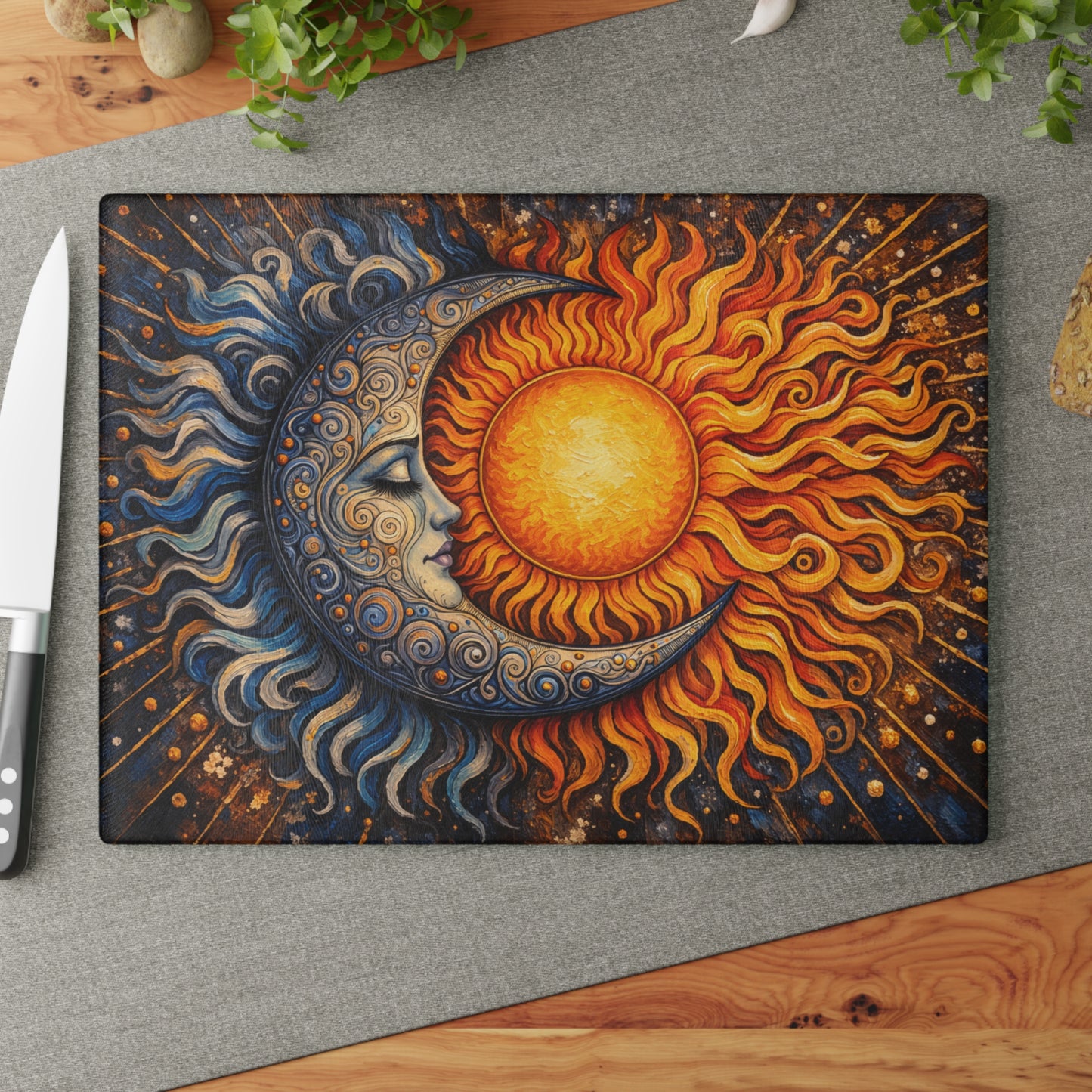 Celestial Sun and Moon Glass Cutting Board – Cosmic Balance Artwork
