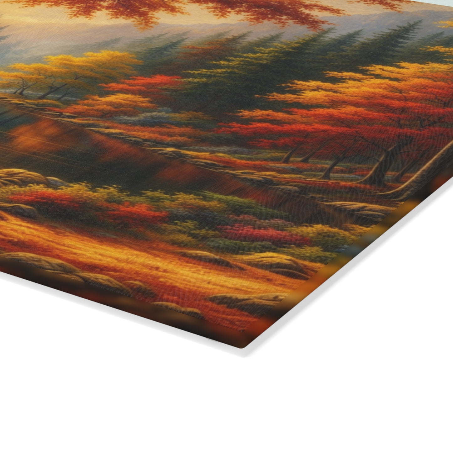 Autumn Forest Lake Glass Cutting Board – Warm Fall Landscape Kitchen Art