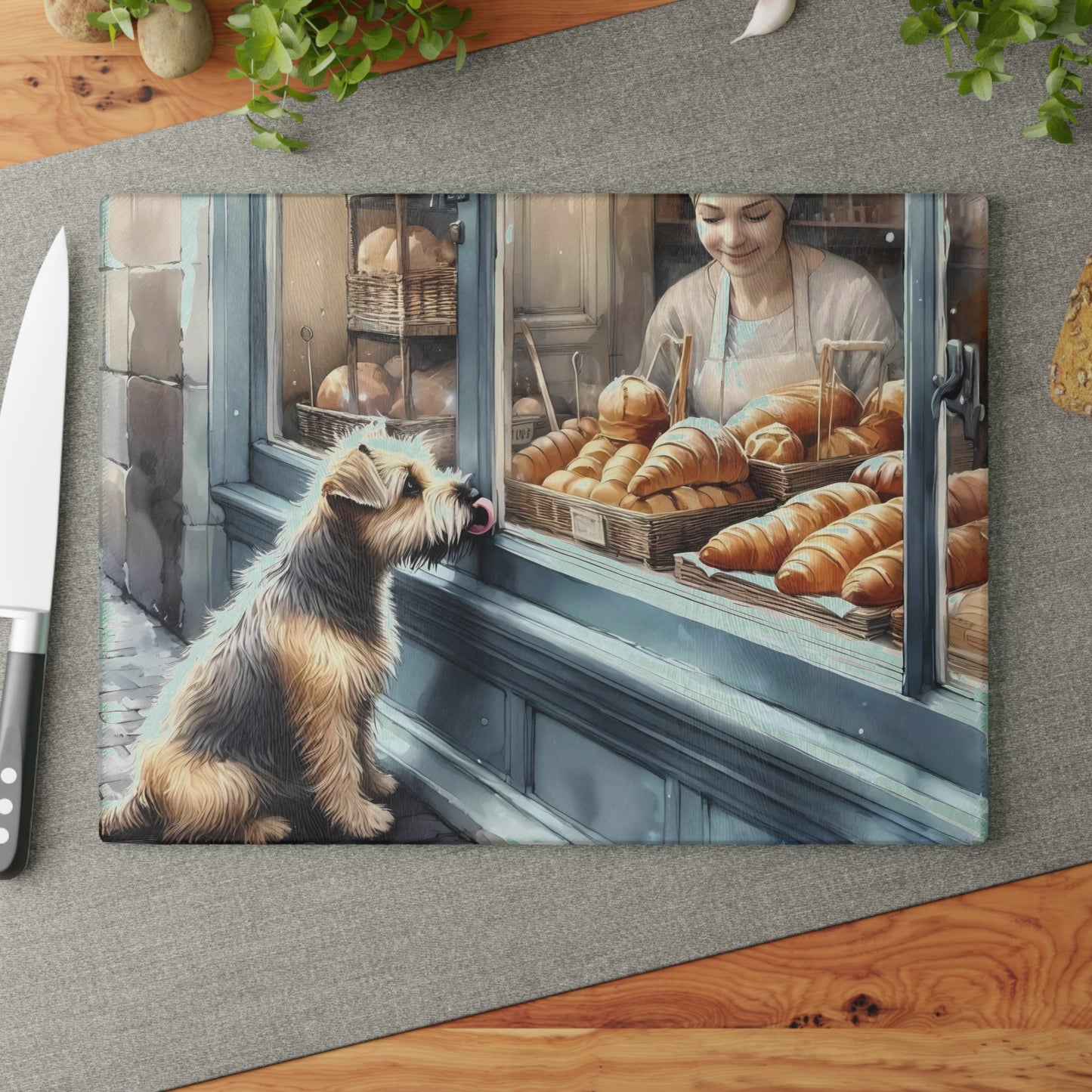 Bakery Scene Cutting Board, Terrier Dog Design, Dog Lover Gift, Baking Decor Bakery Lover Gift, Unique Kitchen Gift
