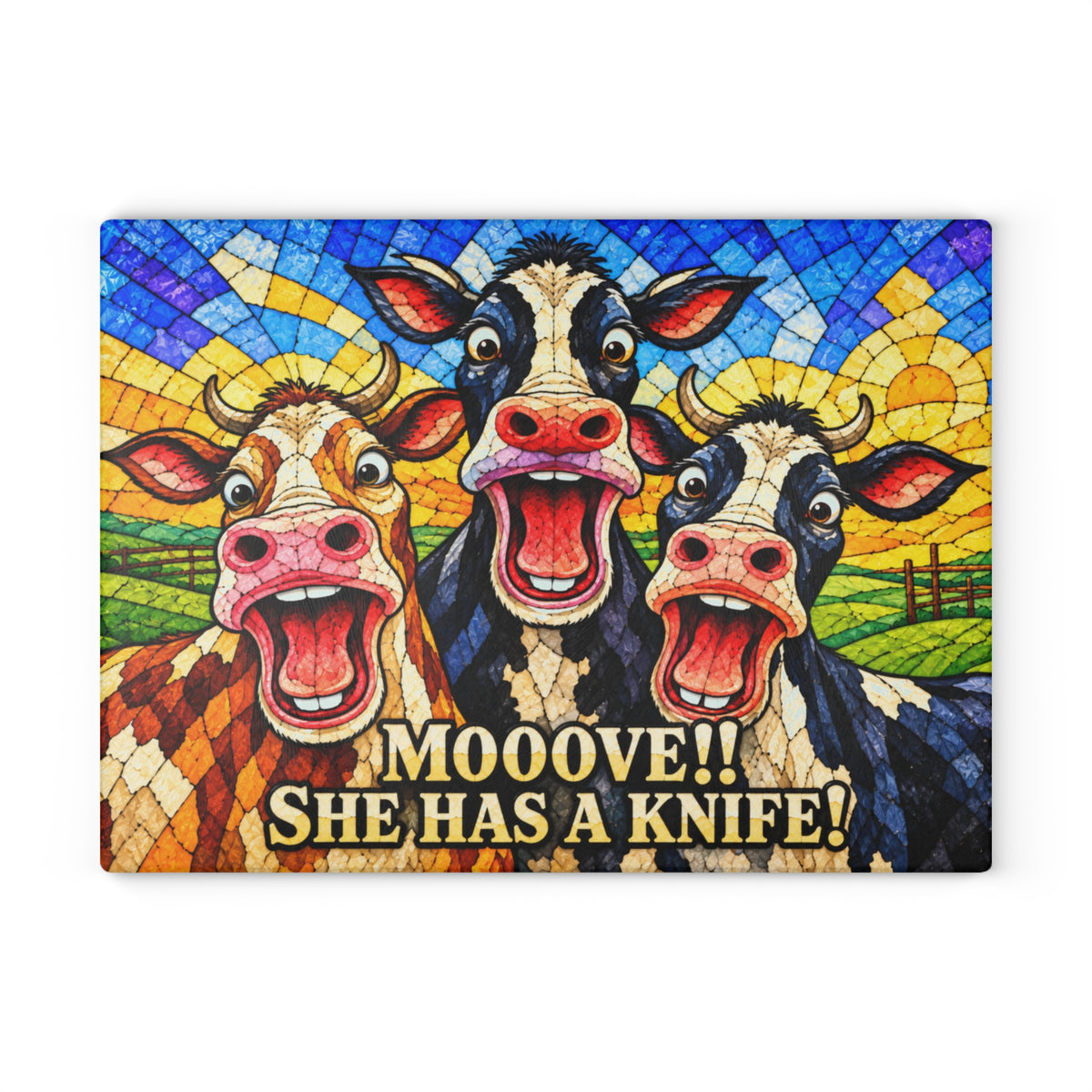 Mooove! She Has a Knife! Funny Cow Stained-Glass-Inspired Glass Cutting Board