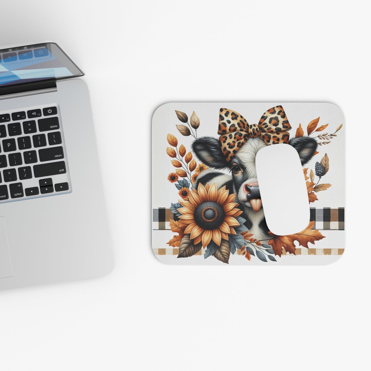 🖱️🐄🧡 Leopard Bow Cow Mouse Pad – Sunflowers, Autumn Leaves & Buffalo Plaid