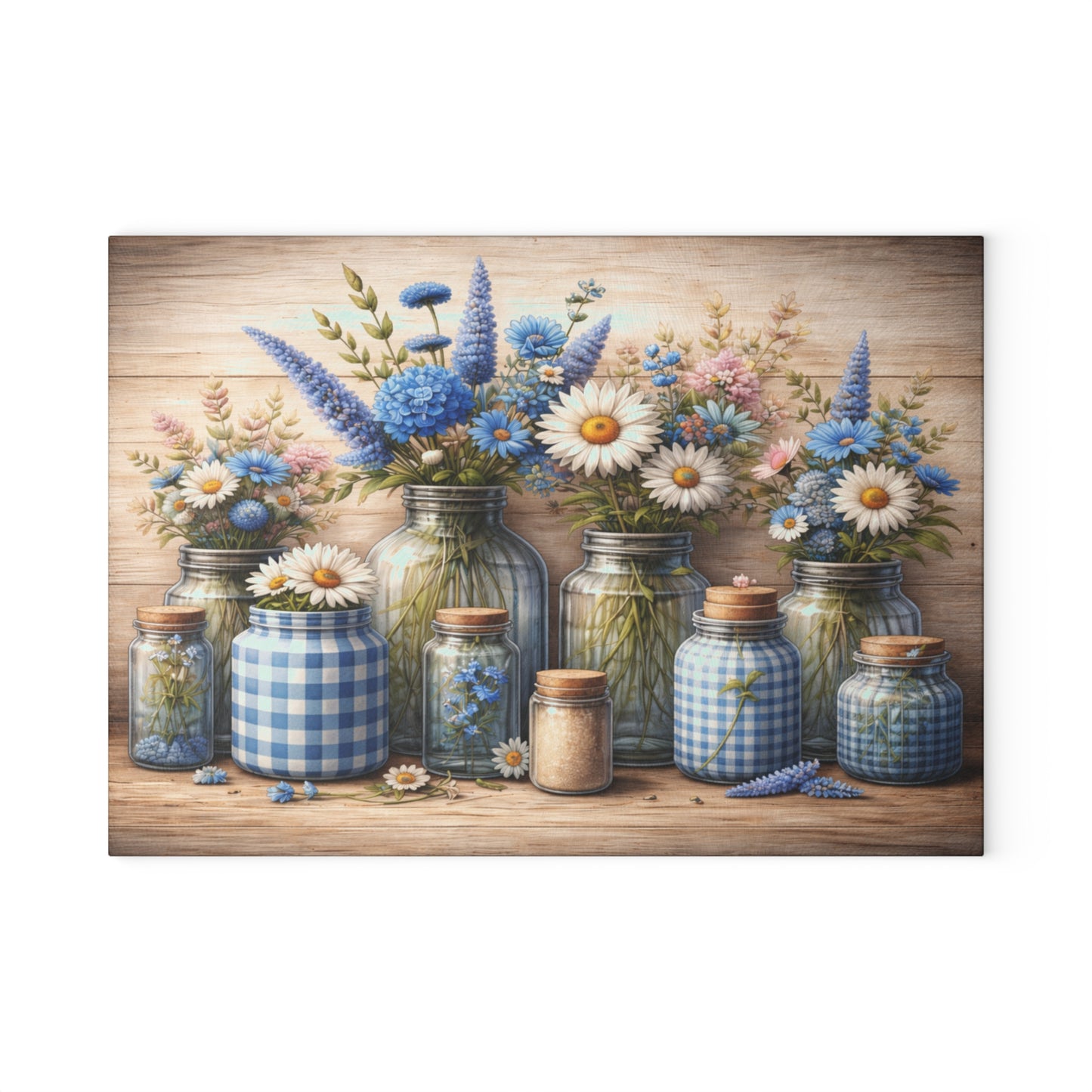 Blue Gingham Wildflower Mason Jar Glass Cutting Board – Rustic Farmhouse Kitchen Decor