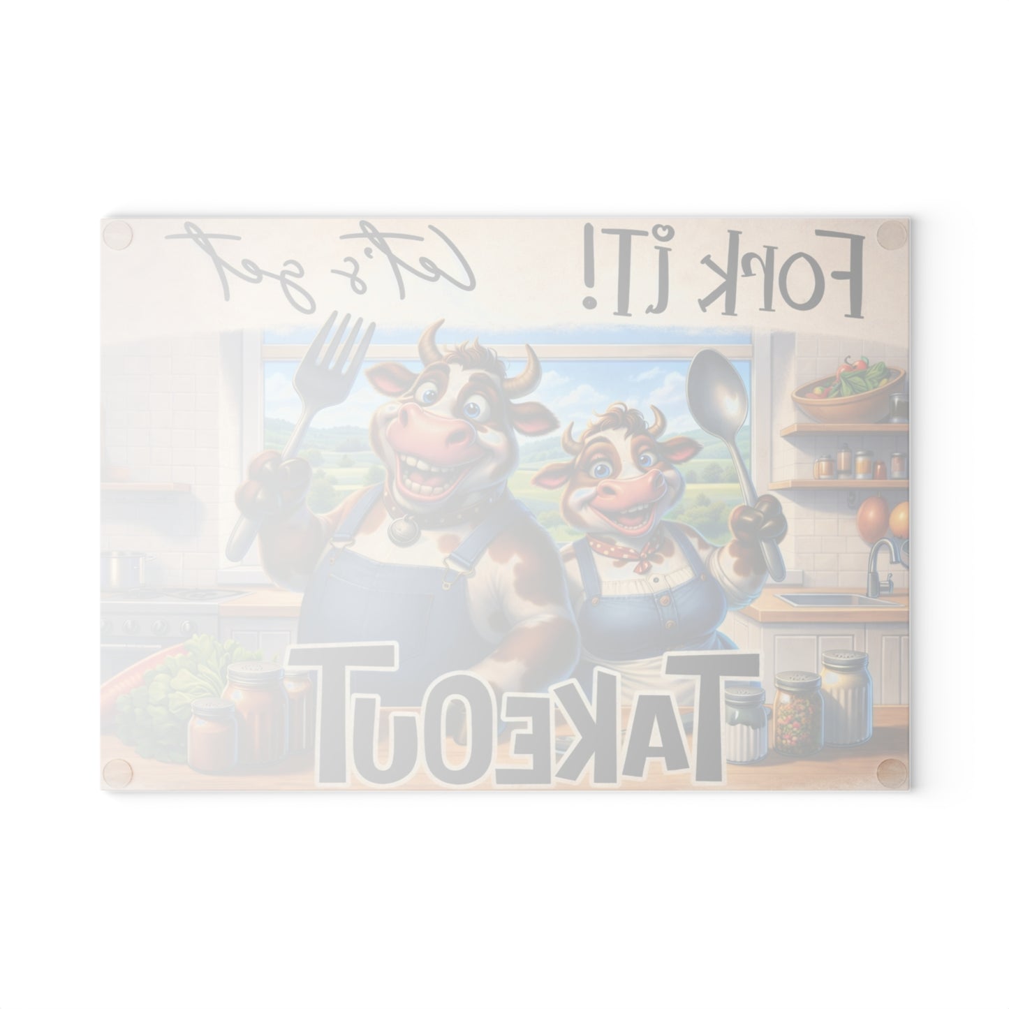 Fork It! Takeout Glass Cutting Board – Playful Cow Kitchen Art with Farmhouse Humor