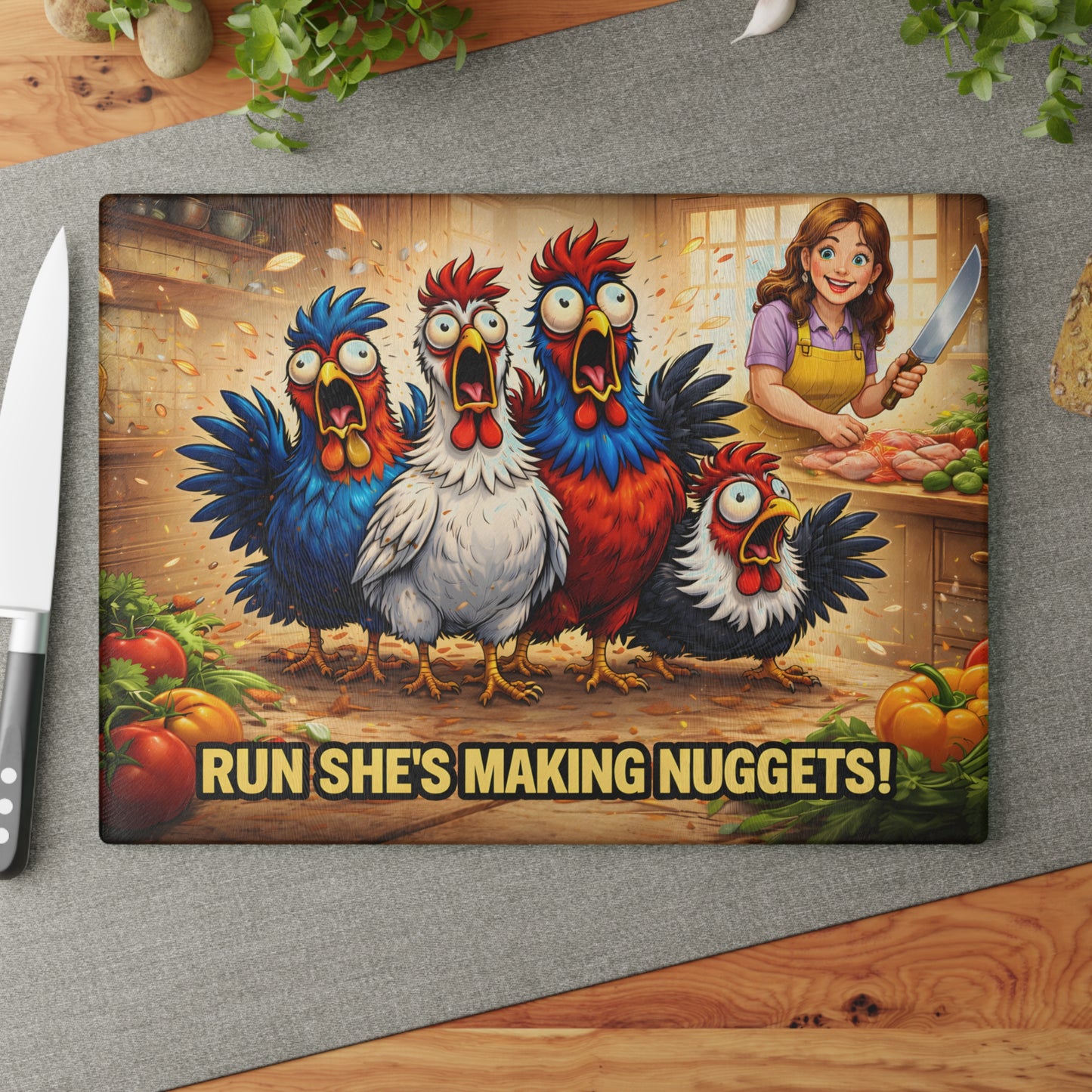 Run She’s Making Nuggets! Glass Cutting Board – Funny Chicken Kitchen Art