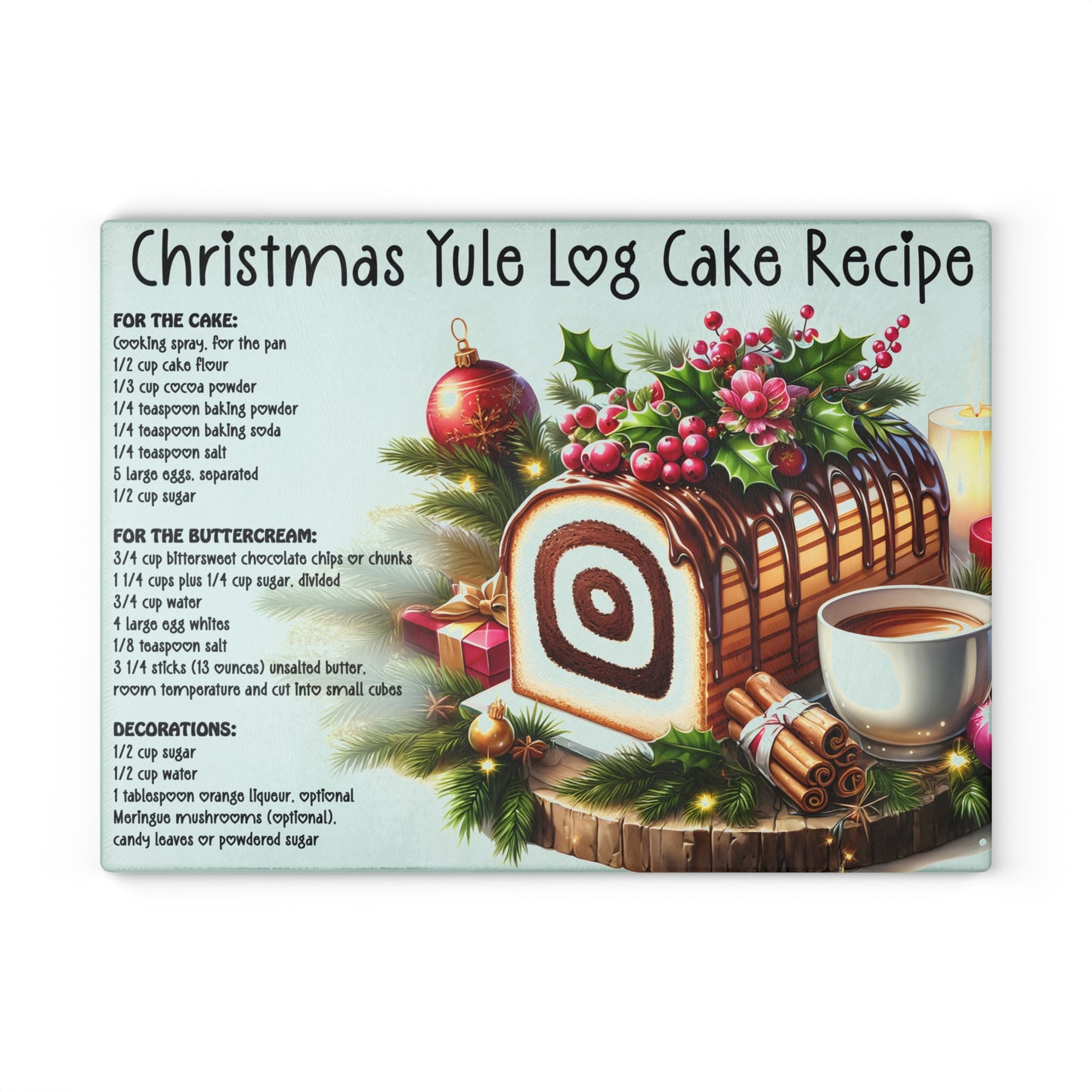🎄🍰 Christmas Yule Log Cake Recipe Cutting Board – Festive Recipe Art for Your Holiday Kitchen