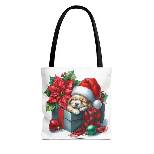 🎁 Sleeping Puppy in Gift Box Christmas Tote – Cozy Holiday Charm for Dog Lovers 🐾