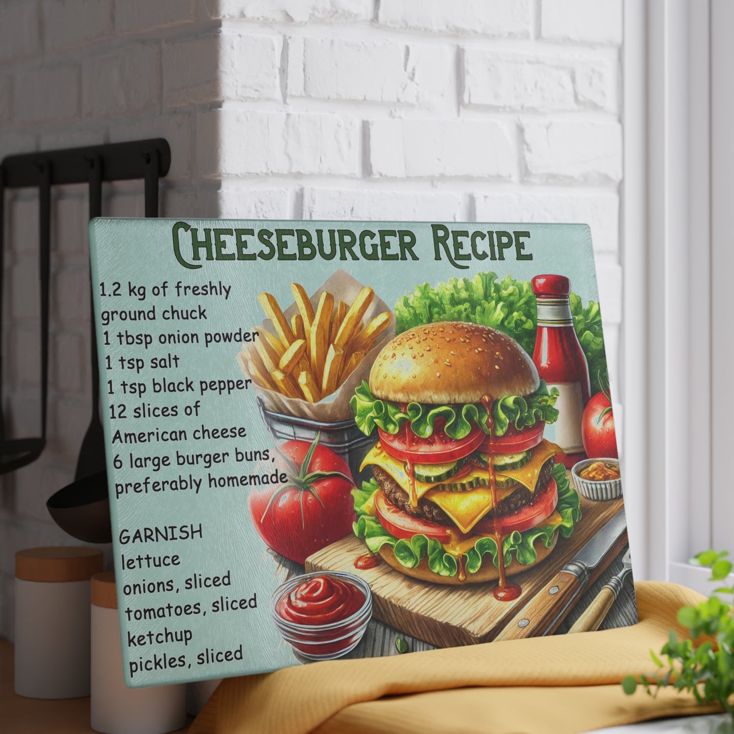 🍔 Cheeseburger Recipe – Gourmet Burger Lovers Glass Cutting Board