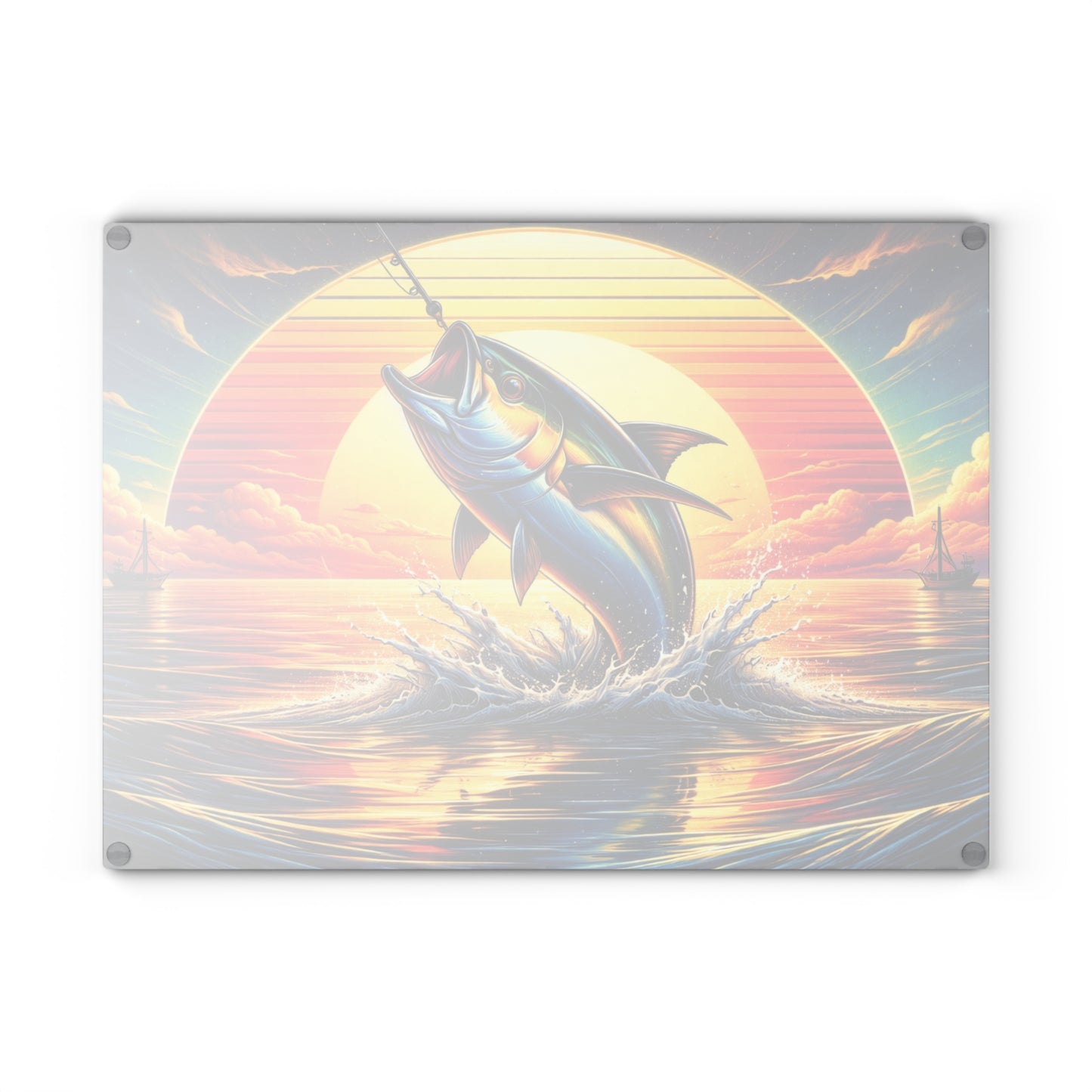 Retro Sunset Fishing Glass Cutting Board – Vibrant Ocean Angler Kitchen Art