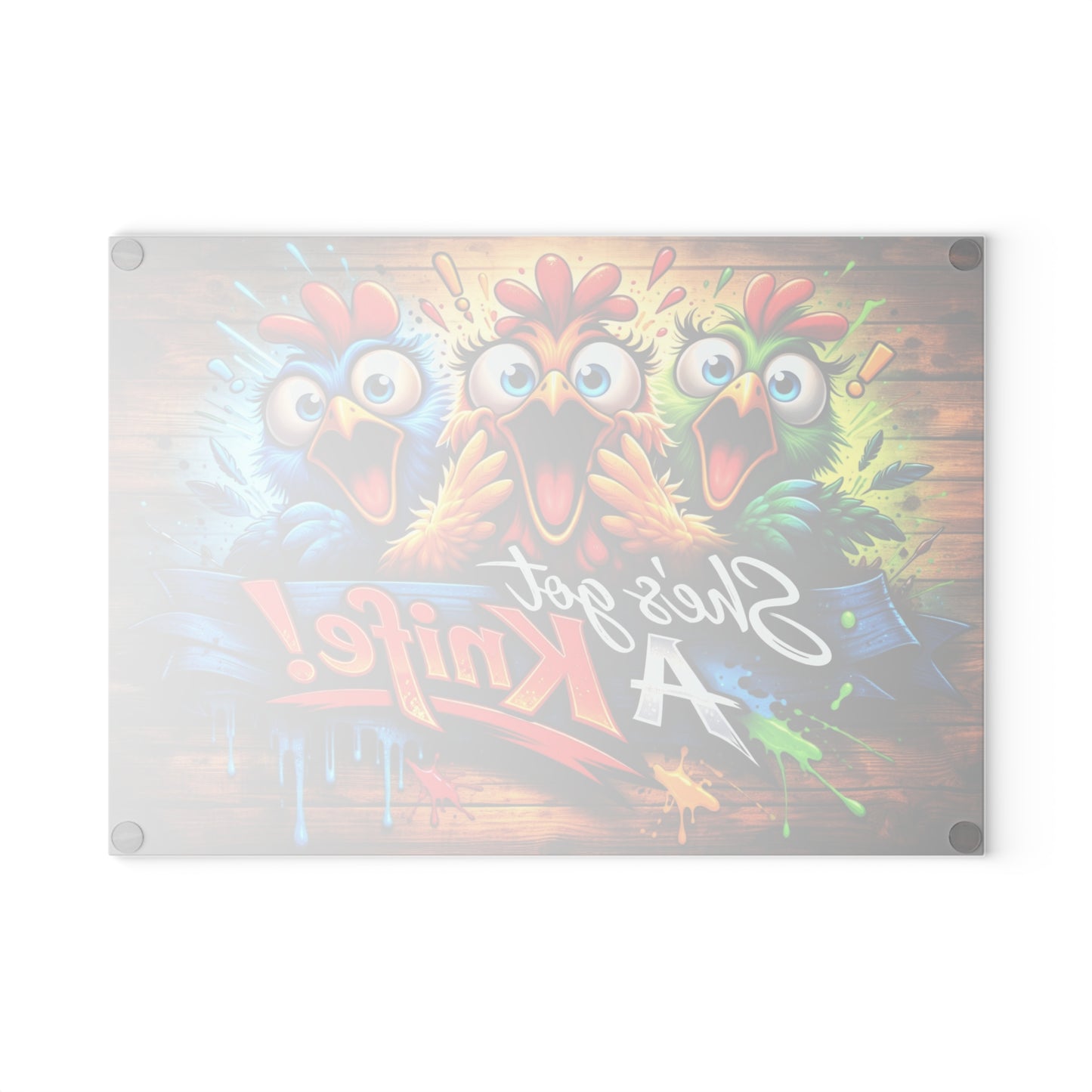 She’s Got a Knife! Glass Cutting Board – Hilarious Chicken Cartoon Kitchen Humor