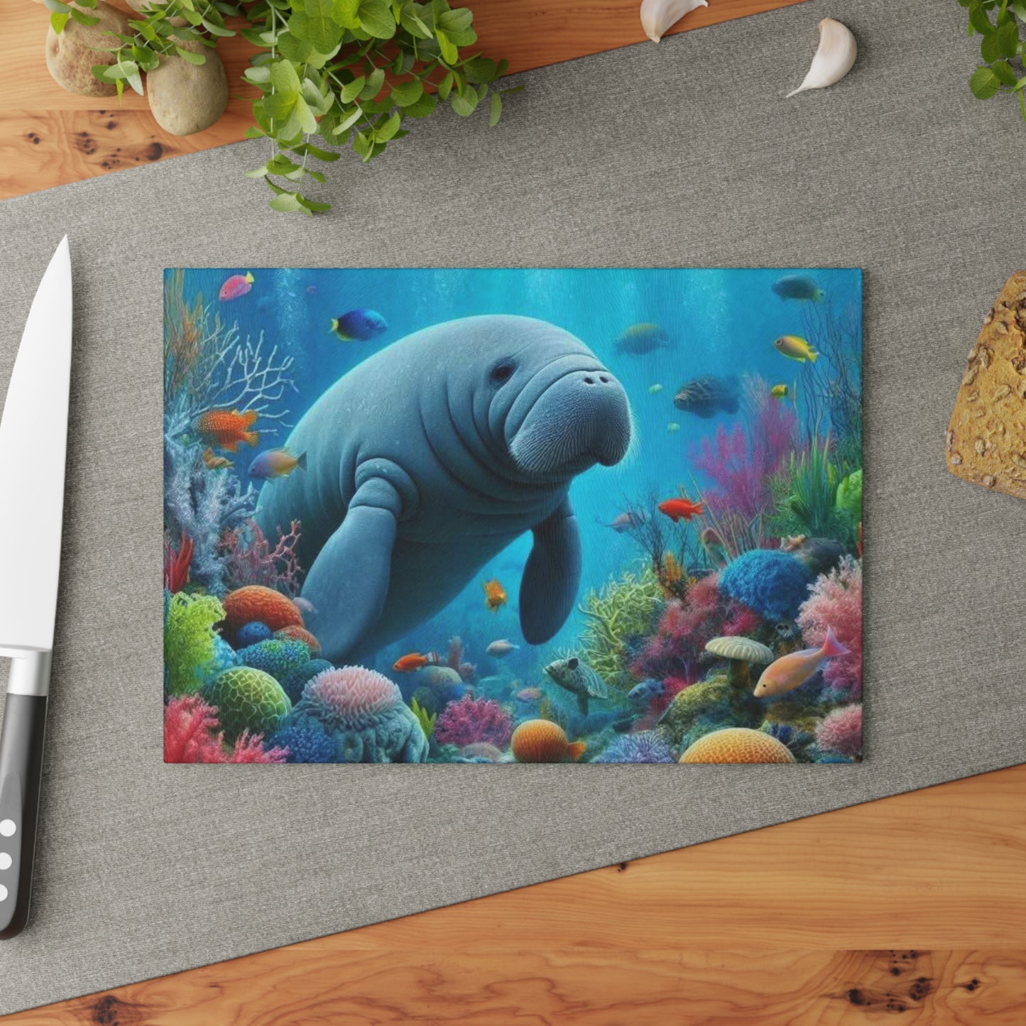 Manatee Cutting Board Textured Glass Florida Spring Kitchen Decor Coastal Home Gift Beach Housewarming Manatee Lover Sea Life Art Nautical