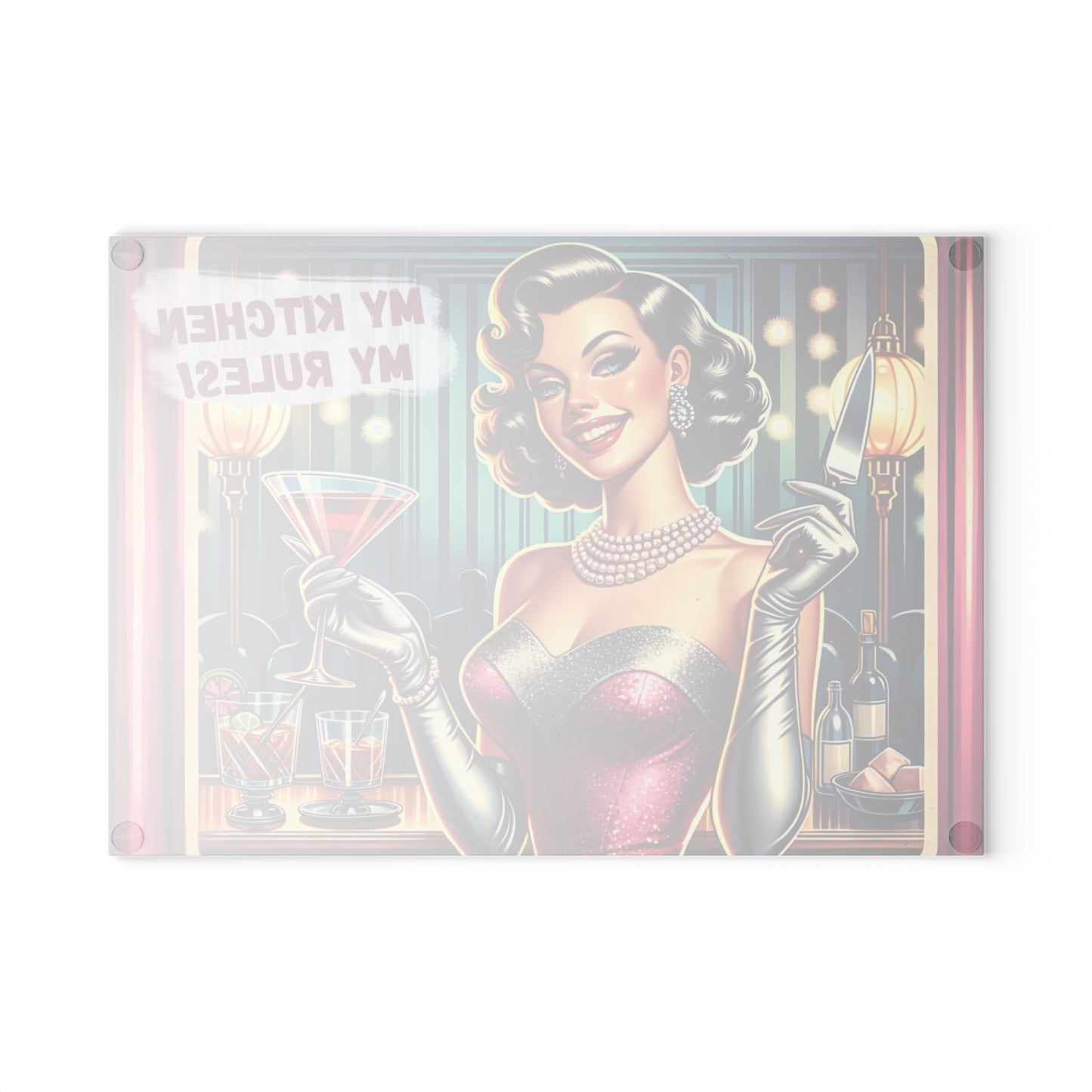 🍸💋 “My Kitchen, My Rules!” Retro Glam Glass Cutting Board – Sassy Vintage Bar Vibes