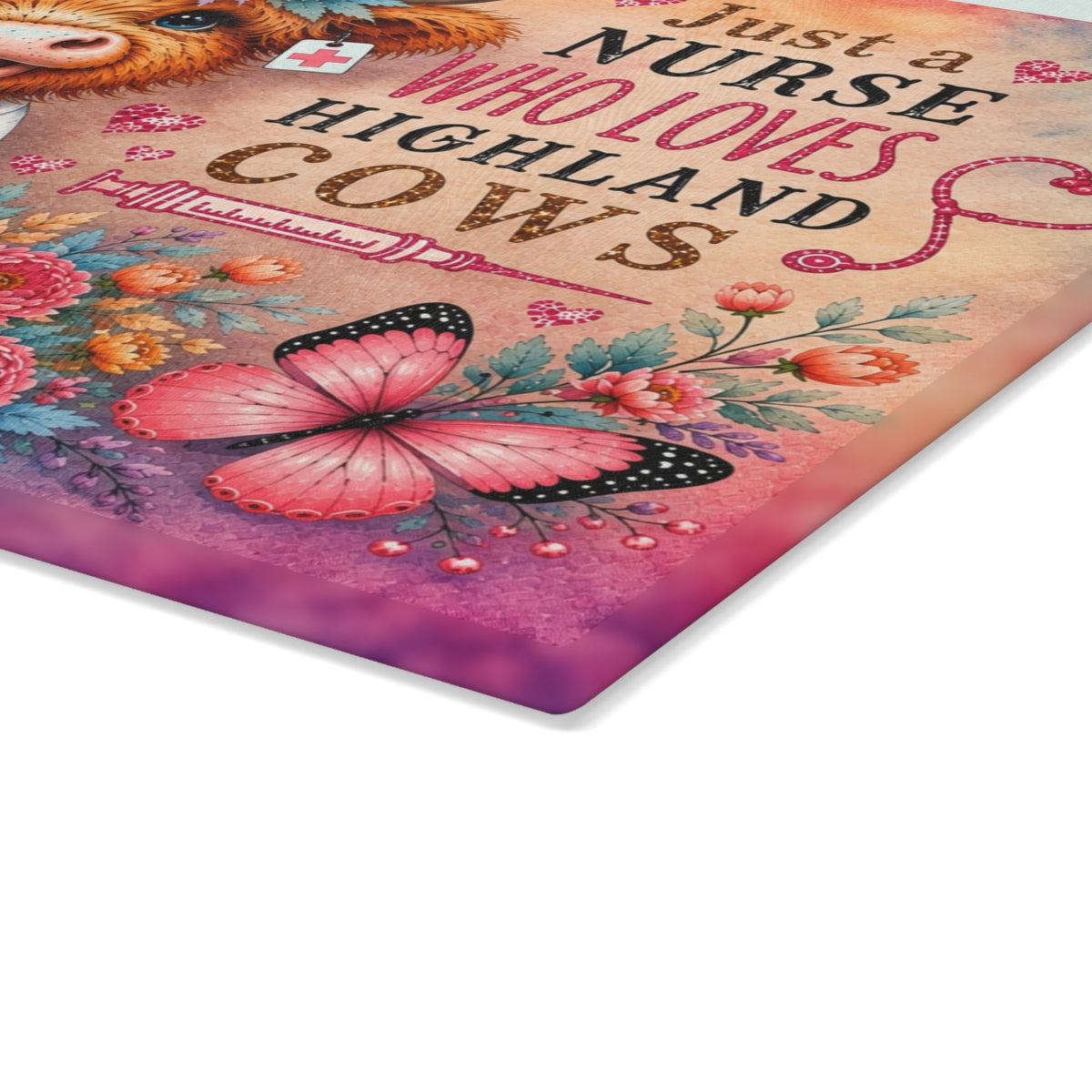 Nurse Highland Cow Glass Cutting Board – Colorful Floral Nurse Gift with Butterflies & Medical Theme