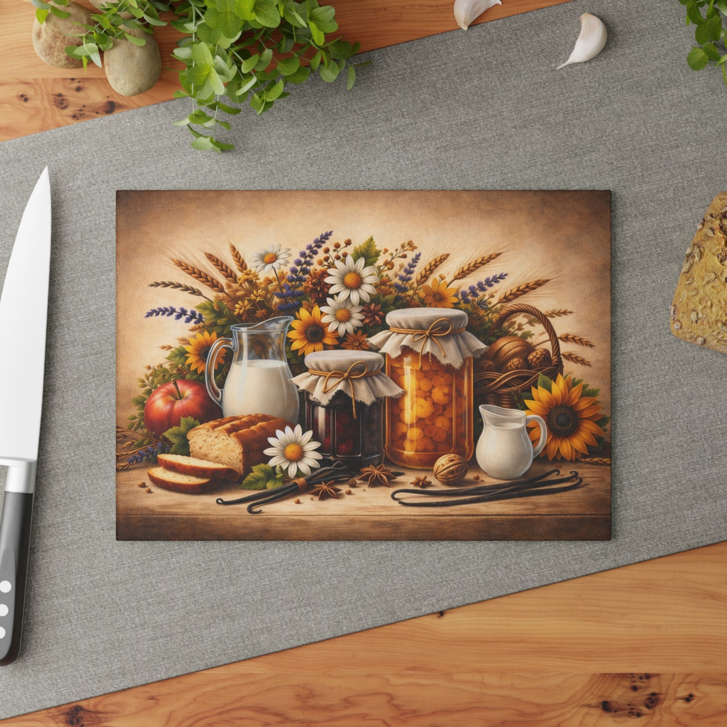 Harvest Pantry Still Life Glass Cutting Board – Rustic Farmhouse Kitchen Artwork