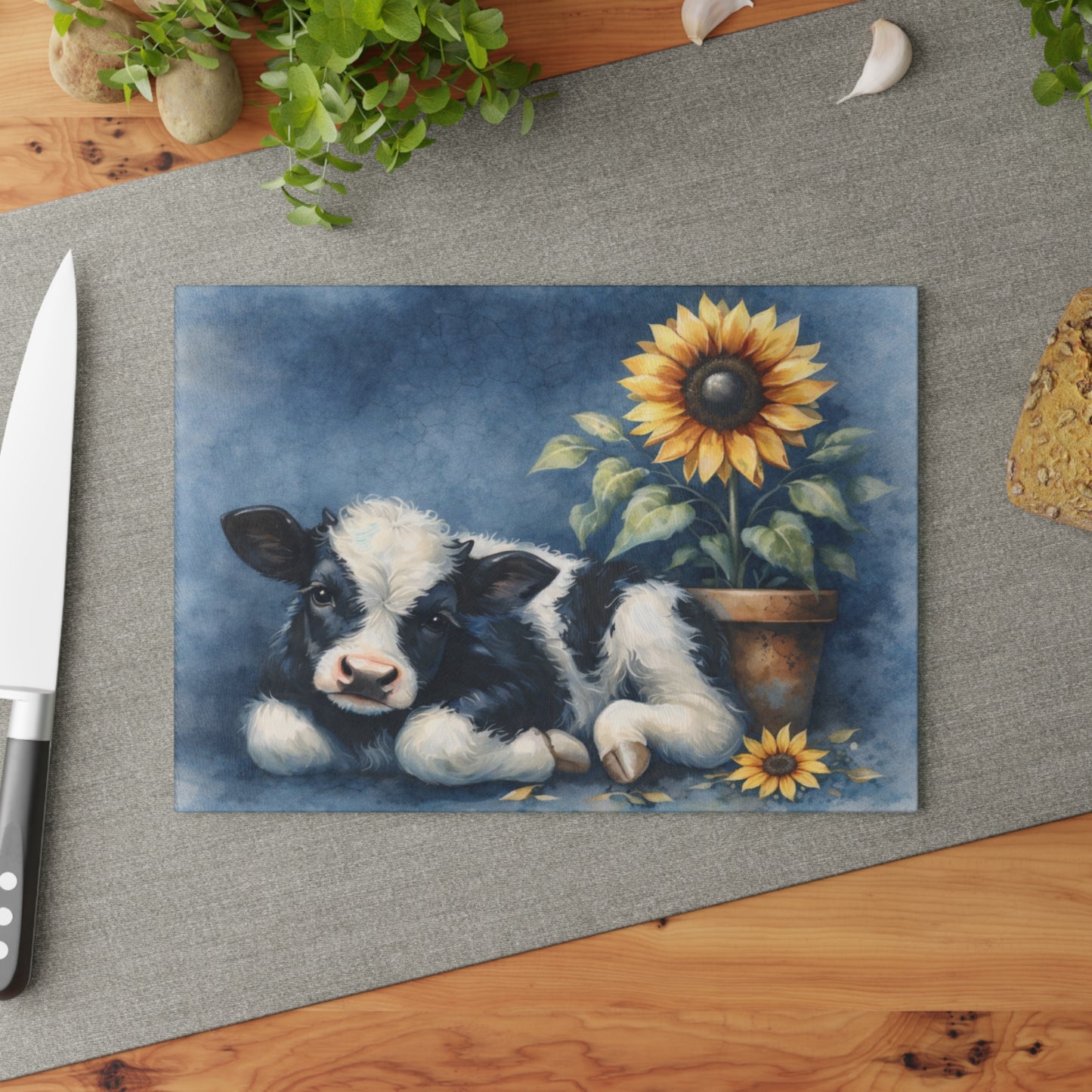 Sunflower & Baby Cow Glass Cutting Board – Rustic Farmhouse Kitchen Decor
