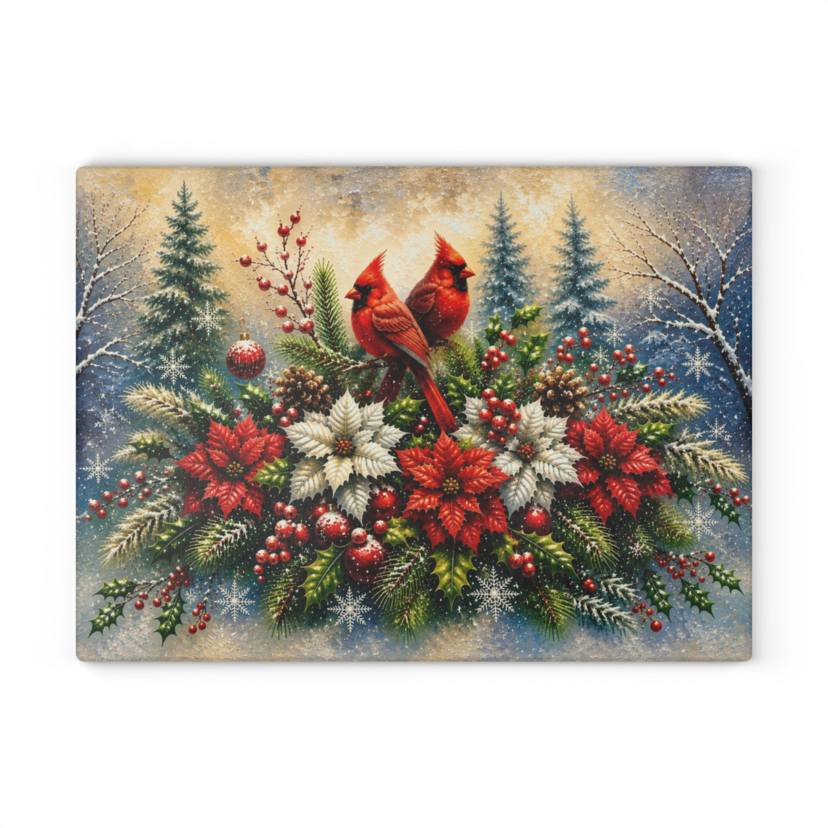 Christmas Cardinals & Poinsettias Glass Cutting Board – Winter Holiday Kitchen Decor