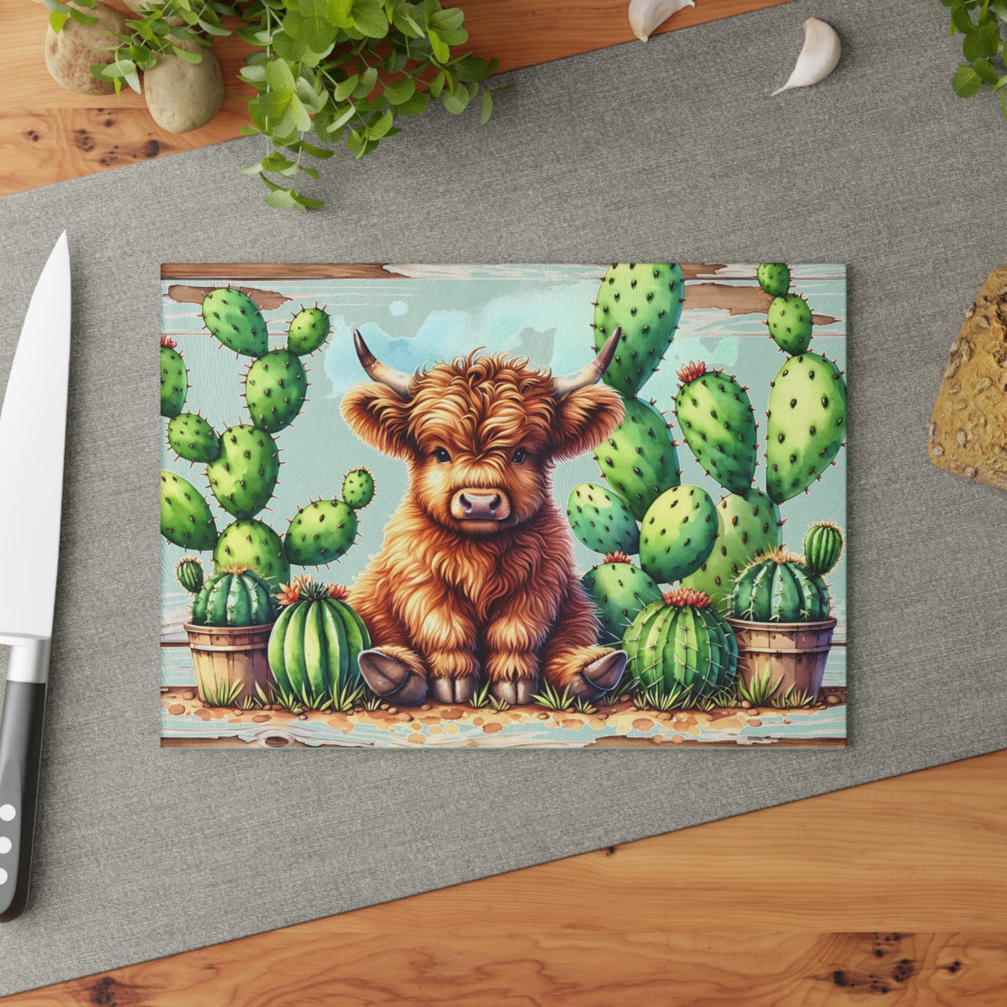 🌵🐮 Highland Cow & Cactus Cutting Board – Rustic Western Charm for Your Kitchen 🤠✨