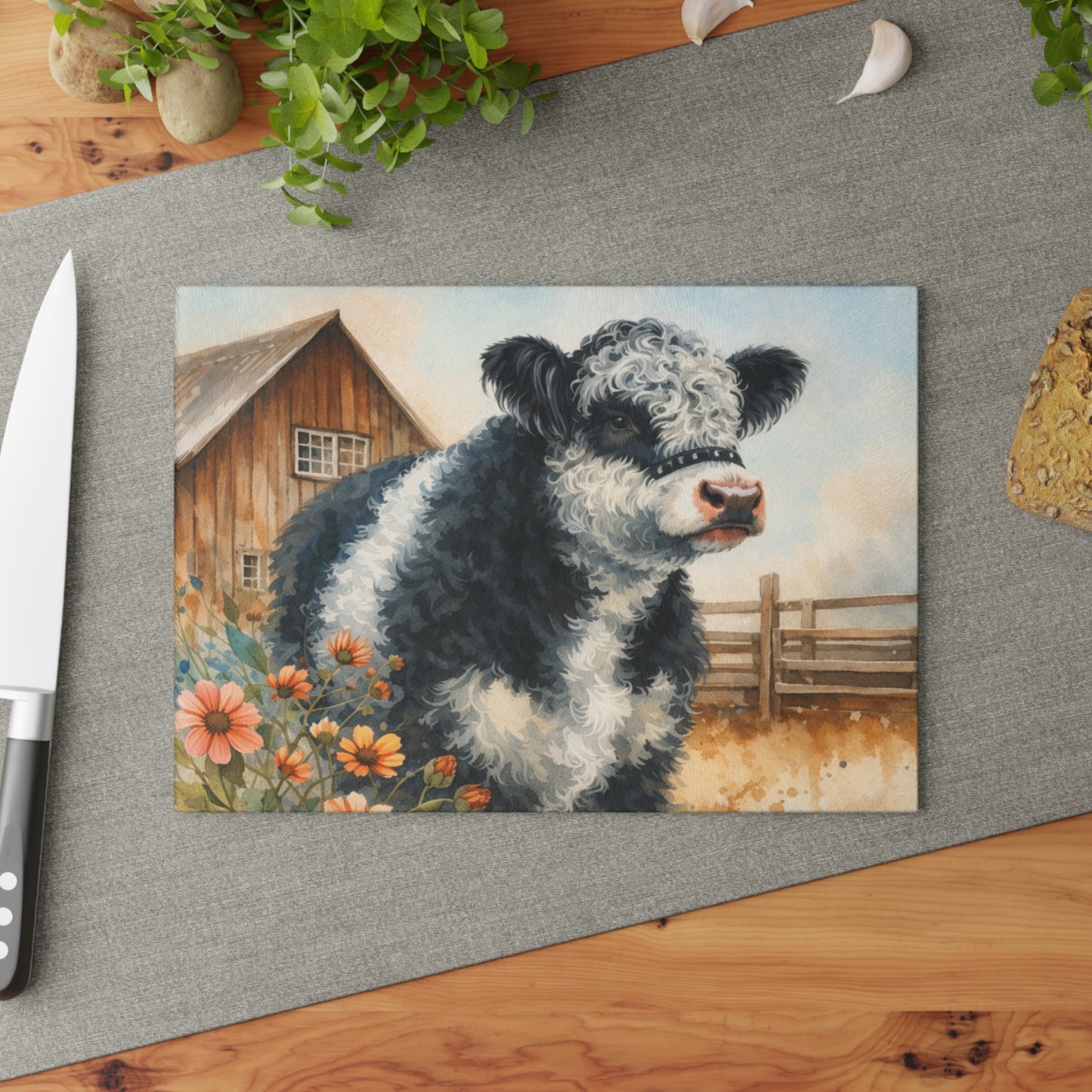 Oreo Cow Glass Cutting Board – Rustic Farmhouse Kitchen Deco