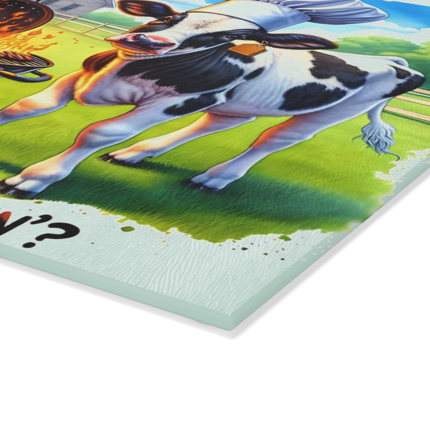 🐮🔥 “Whatcha Burnin’?” Glass Cutting Board – Cozy Charm for Your Kitchen