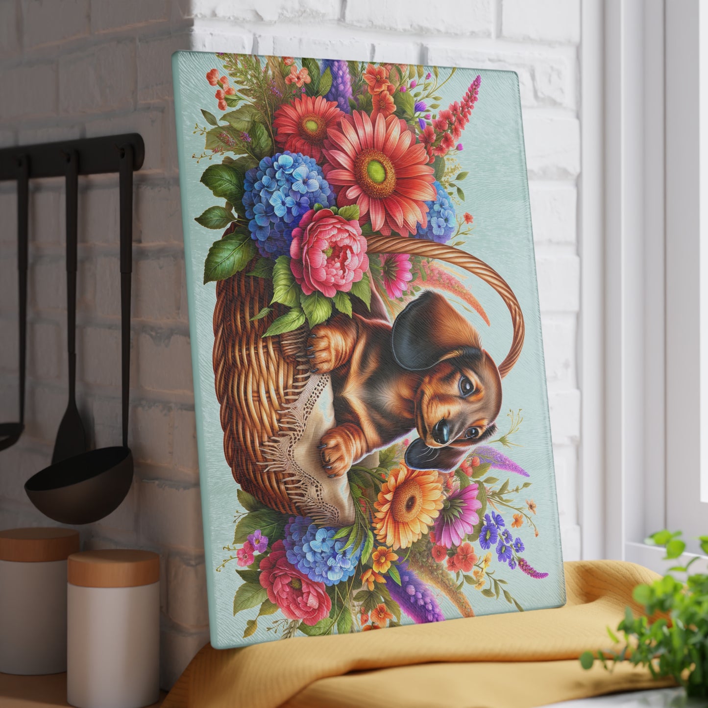 🌸 Dachshund Floral Basket Cutting Board – Whimsical Charm for Your Kitchen