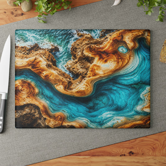 Coastal Ocean Resin-Style Abstract Glass Cutting Board – Turquoise Shoreline Artwork