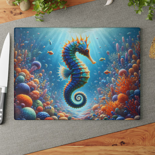 Vibrant Seahorse Glass Cutting Board – Colorful Underwater Coral Reef Ocean Art