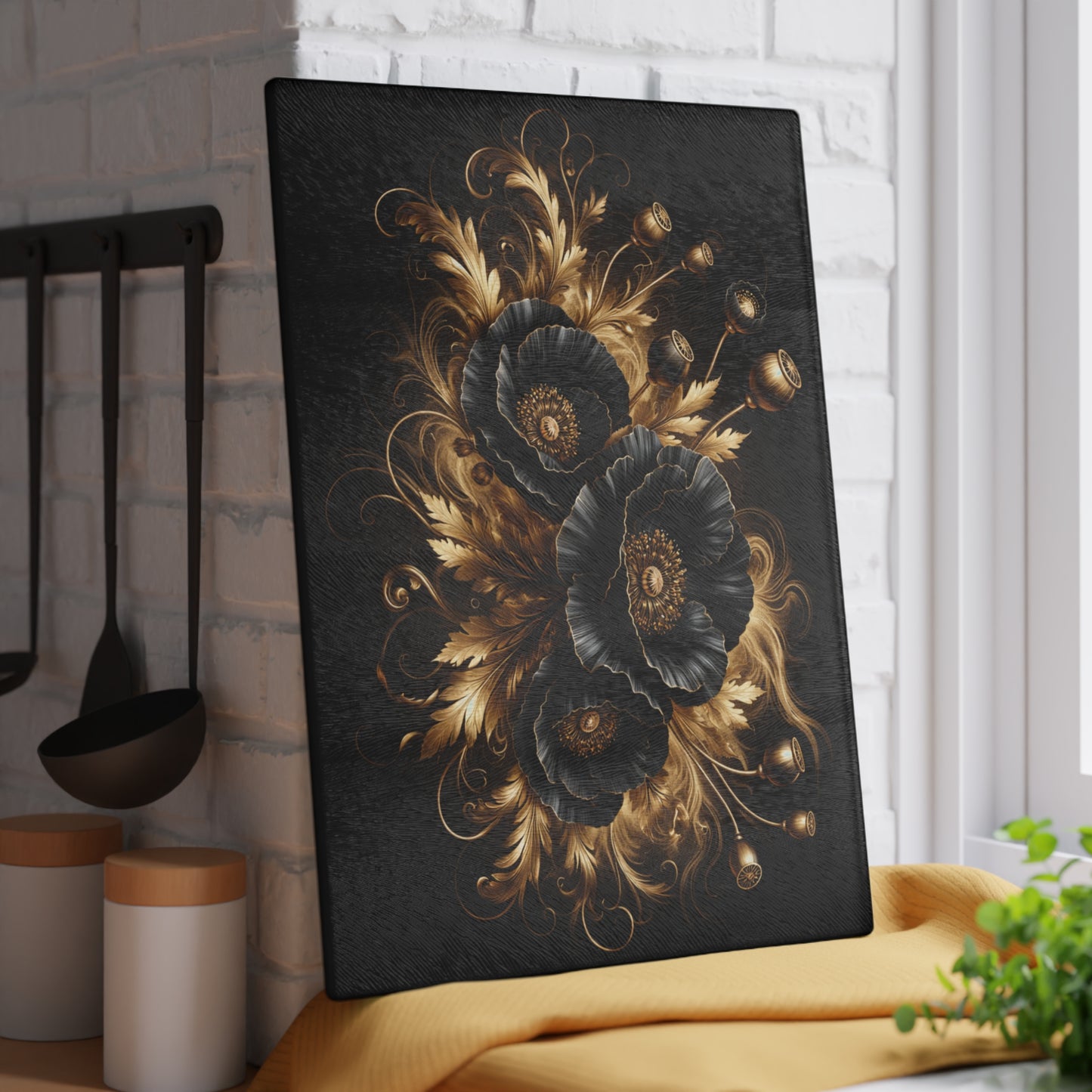 Black & Gold Floral Glass Cutting Board – Elegant Personalized Kitchen Cutting Board