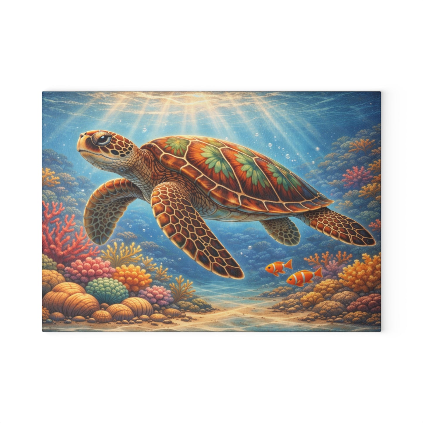Colorful Sea Turtle Glass Cutting Board – Vibrant Underwater Ocean Reef Kitchen Art