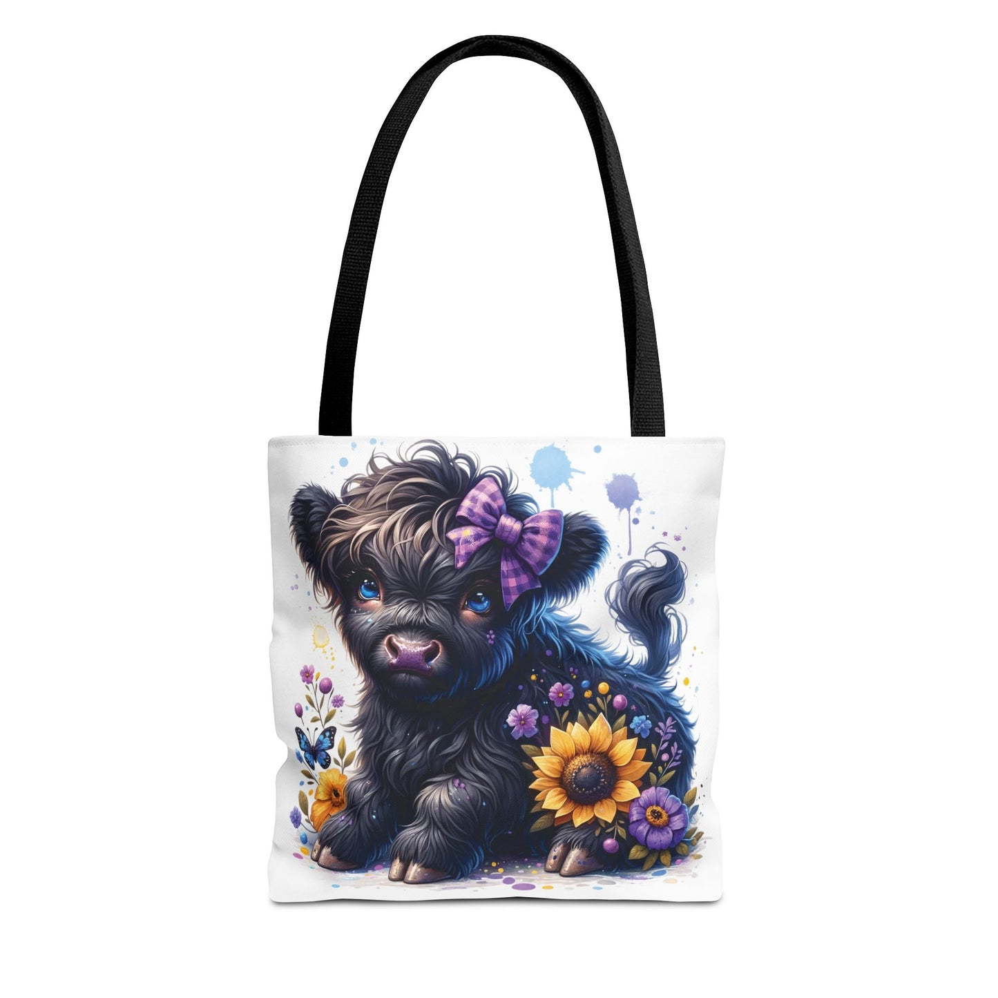 💜 Purple Bow Black Highland Calf Tote Bag – Country Charm with a Pop of Color 🐮👜