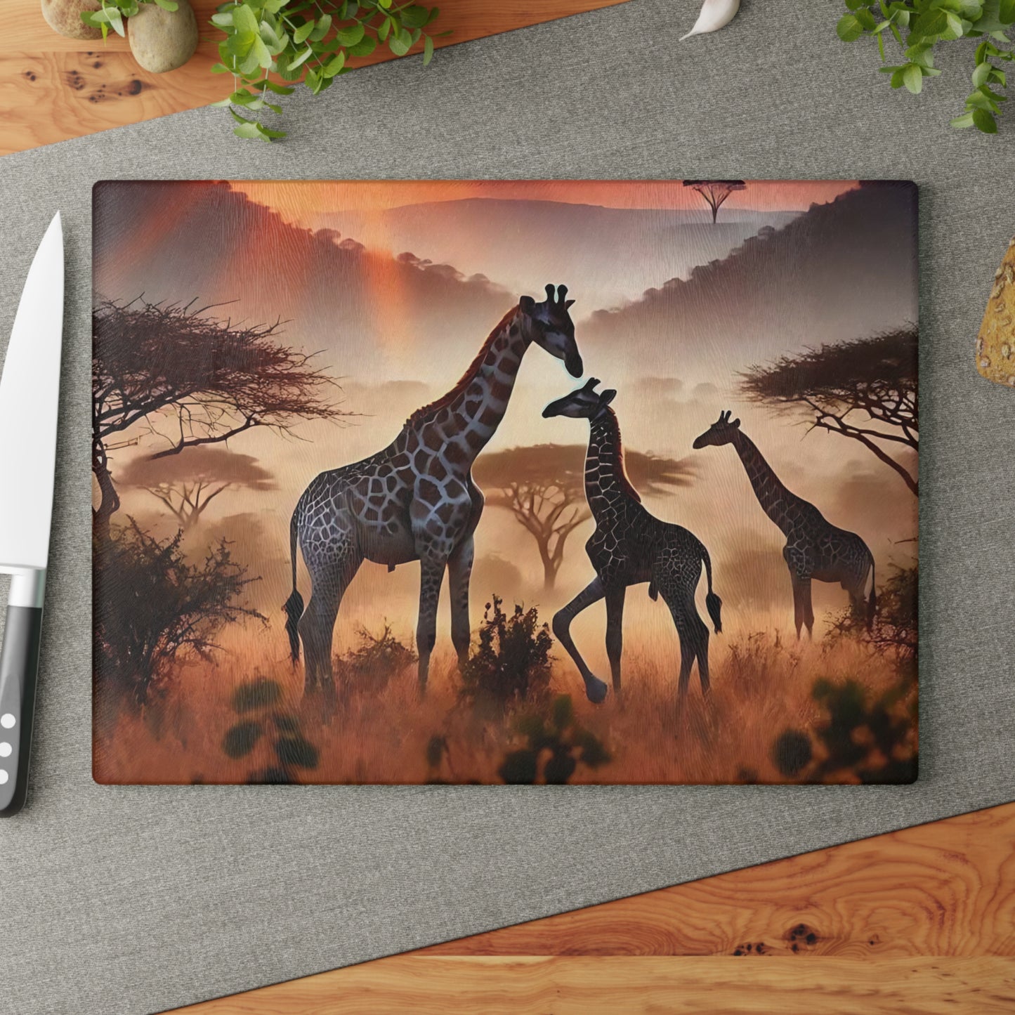 Tabla de cortar de vidrio con diseño de jirafa al atardecer, decoración de cocina, regalo de inauguración de la casa, regalo para amantes de los animales, regalo personalizado de vidrio templado, tabla de charcutería
