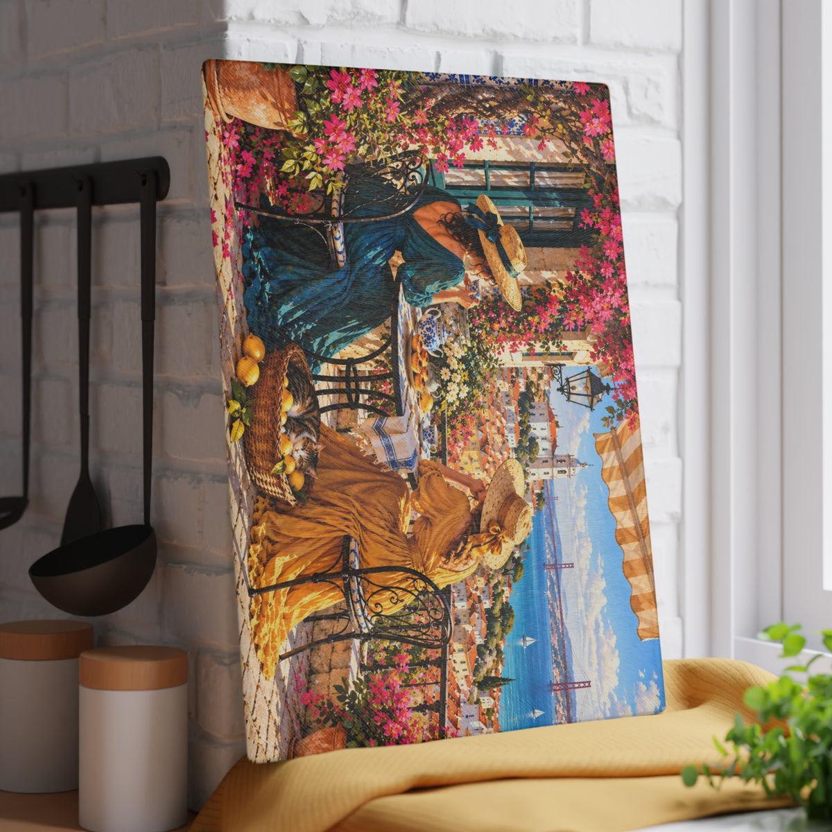 Lisbon Portugal Coastal Terrace – Tempered Glass Cutting Board – European Seaside Art