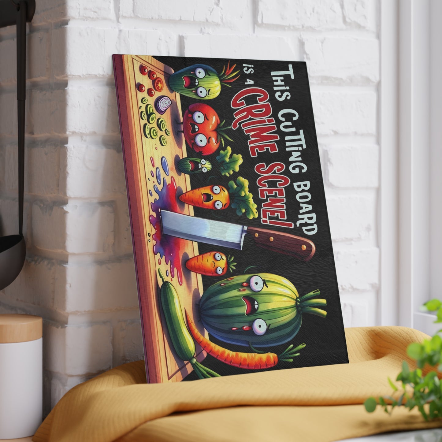 Tabla de cortar de vidrio para escena del crimen en la cocina: ¡Vegetales gritones y estilo asesino!