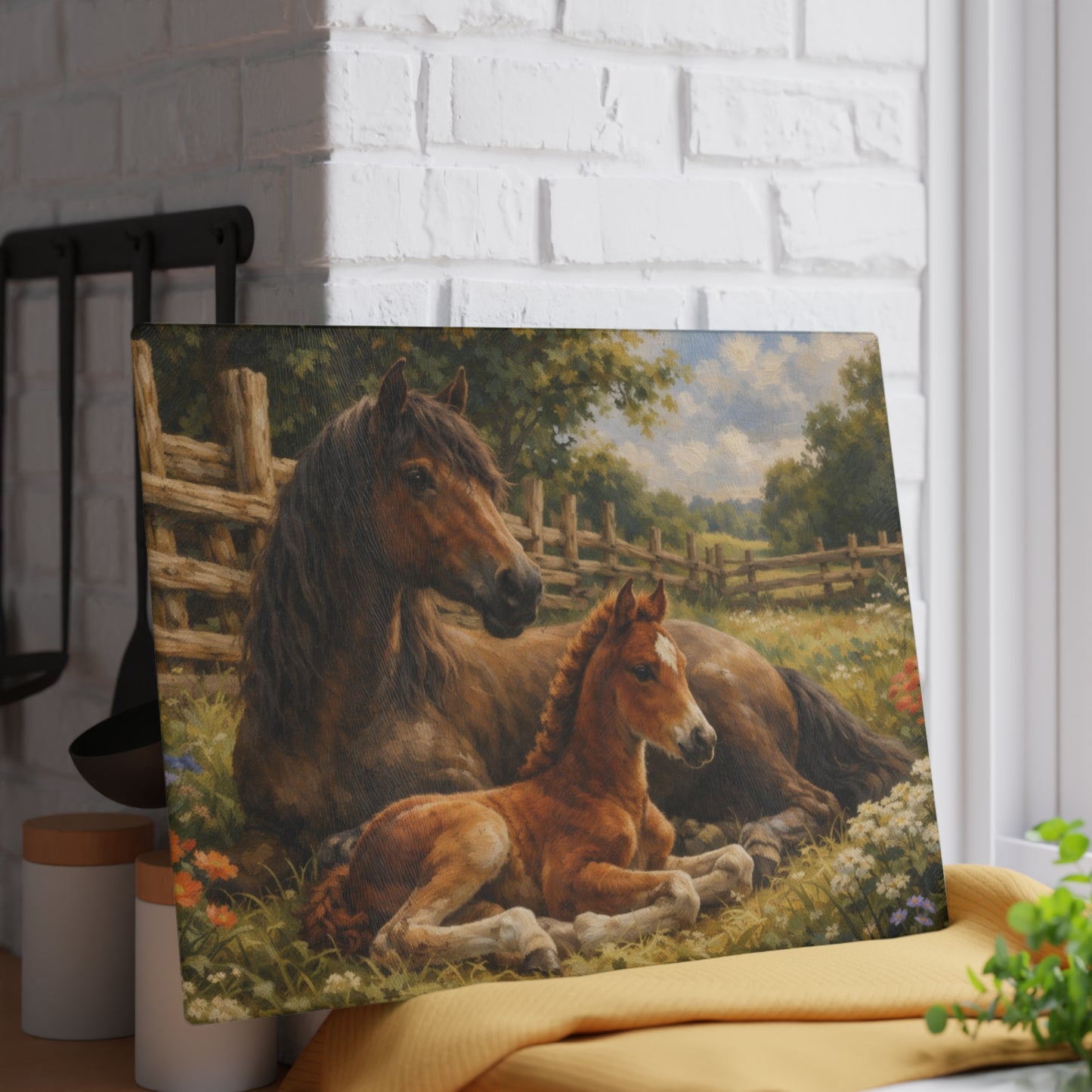 Mare and Foal Glass Cutting Board – Horse Lover Farmhouse Kitchen Decor