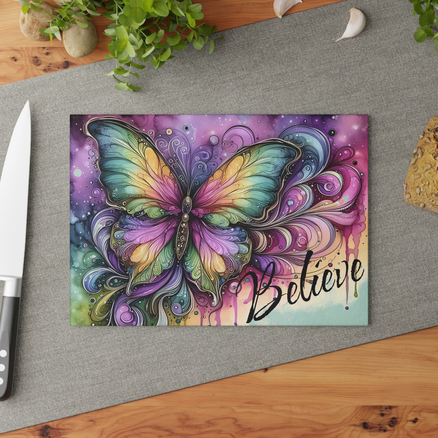 Tabla de cortar de vidrio templado "Believe" Butterfly