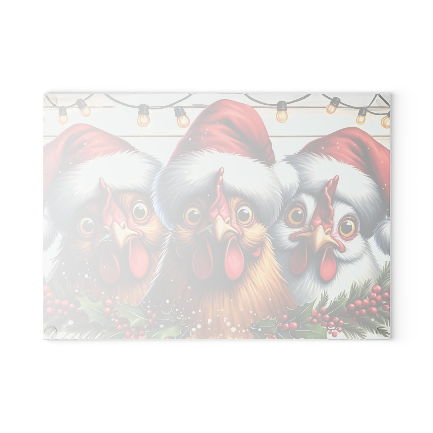 🐔🎄 “Santa Hat Chickens – Whatcha Makin’?” Glass Cutting Board – Cozy Charm for Your Kitchen