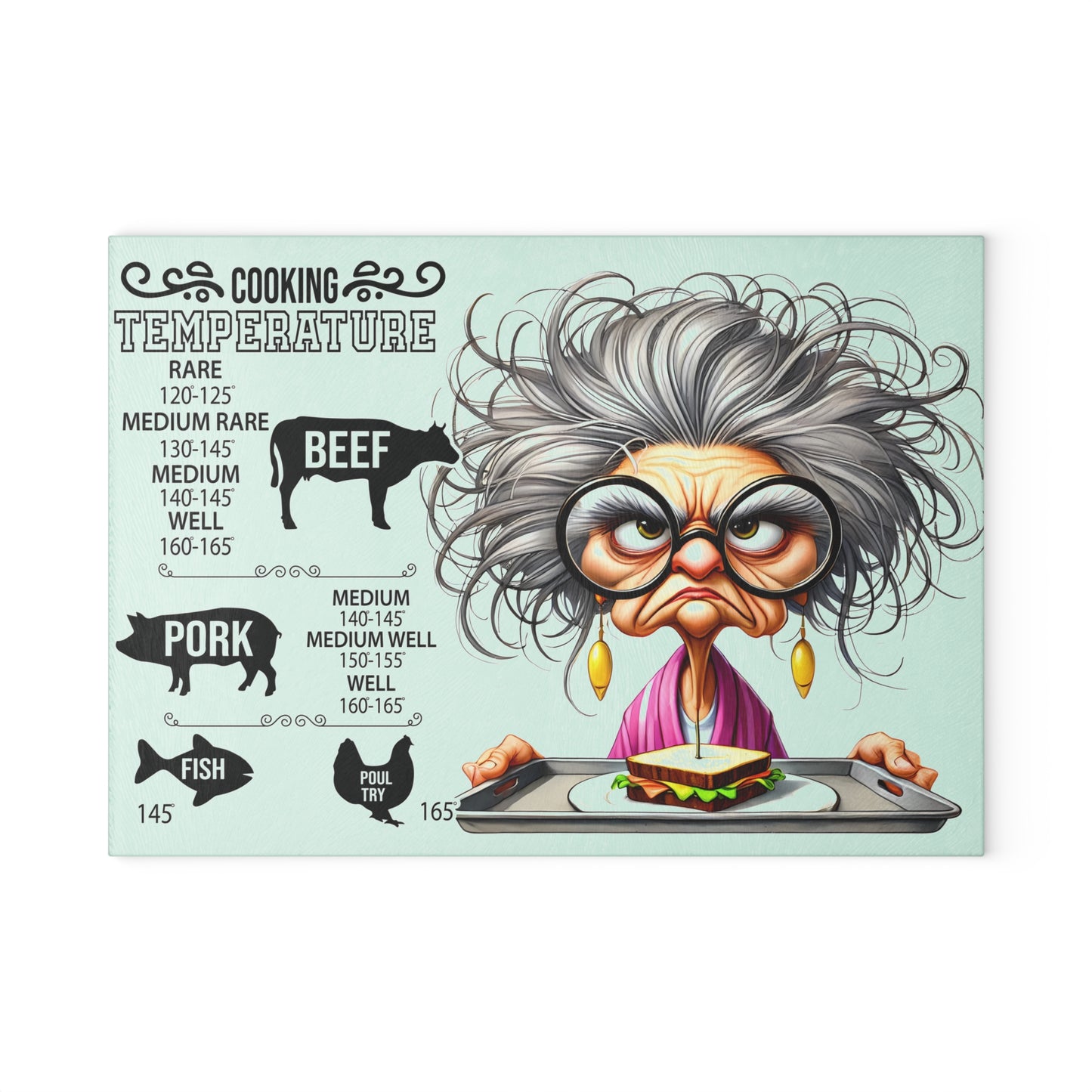 Guía de temperatura de cocina de la abuela gruñona Tabla de cortar: un artículo esencial de cocina divertido