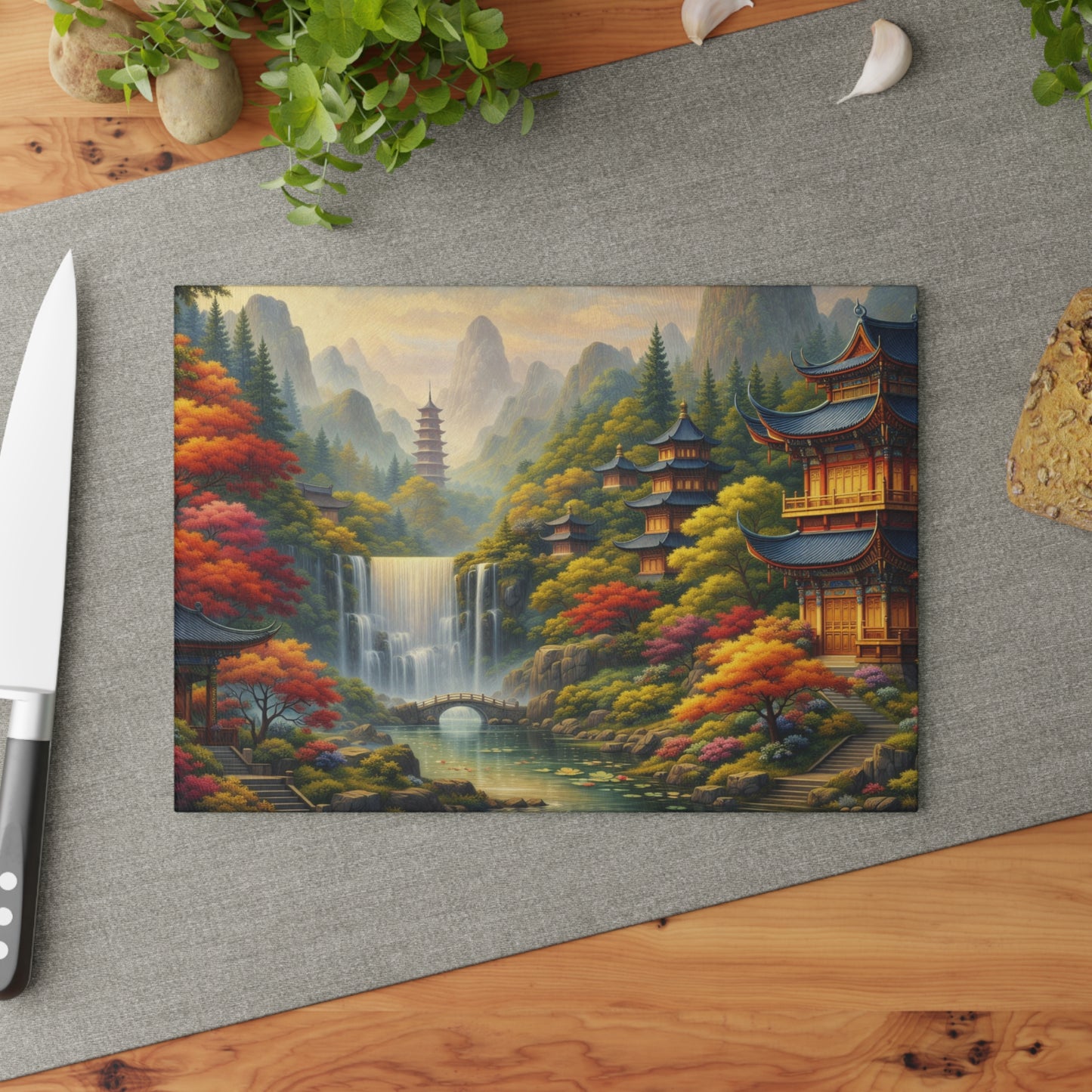 Asian Temple Garden Waterfall Glass Cutting Board – Serene Mountain Landscape Art