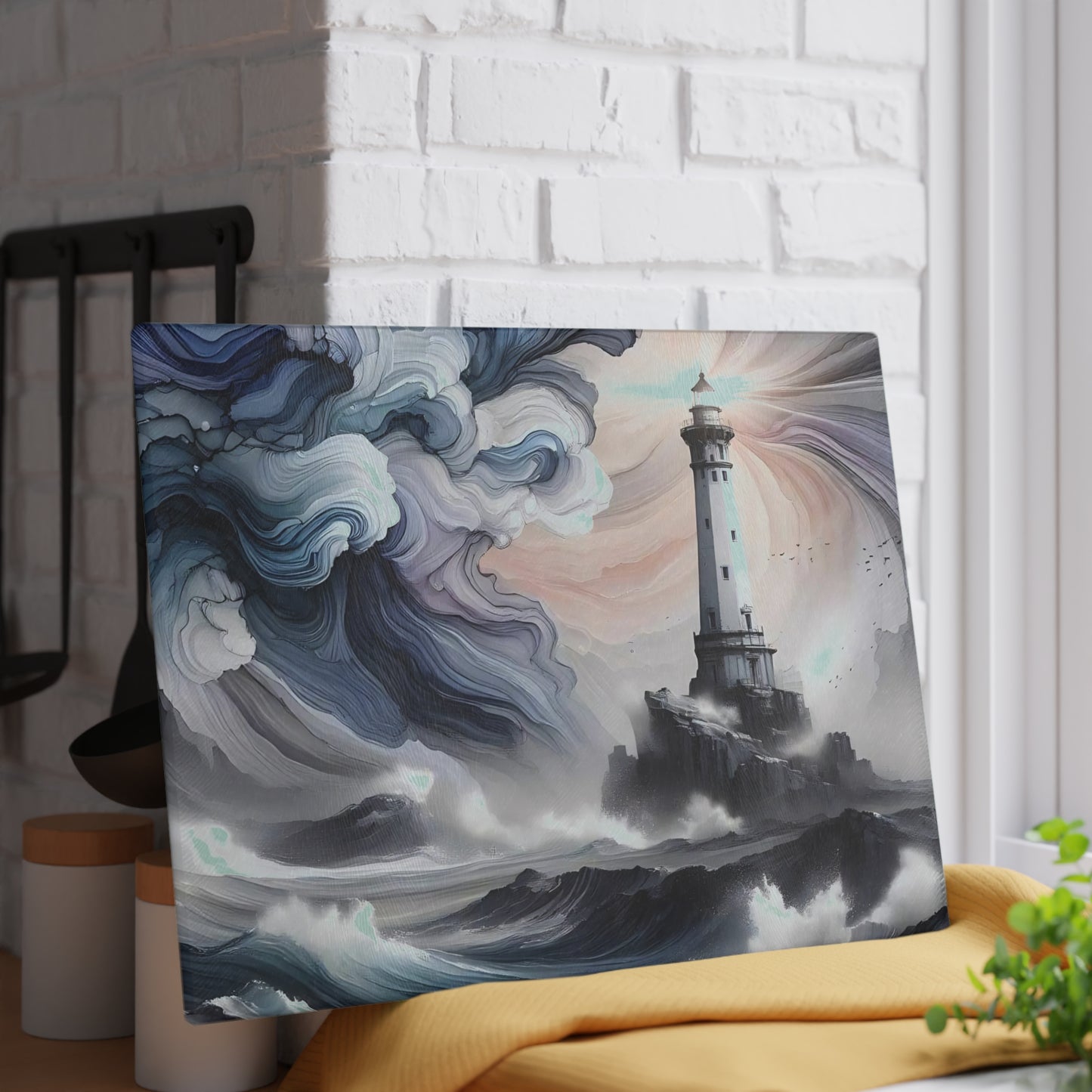 Tabla de cortar con diseño de faro, tabla de charcutería, tabla de cortar única, tabla de cortar de vidrio templado, regalo de inauguración de la casa, tabla de cortar personalizada