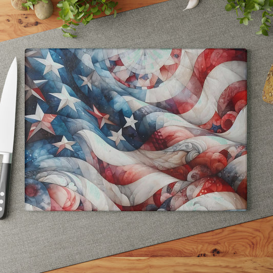 4th of July Quilt Glass Cutting Board – Patriotic Charm Meets Function