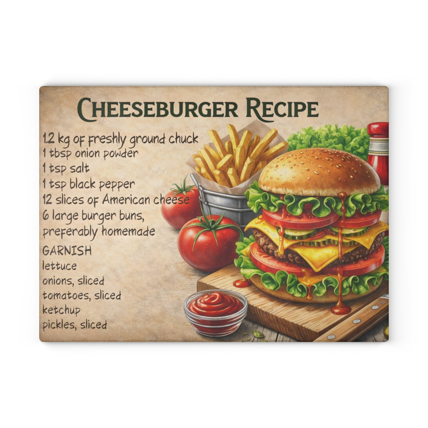 Cheeseburger Recipe Glass Cutting Board – Classic Burger Kitchen Art