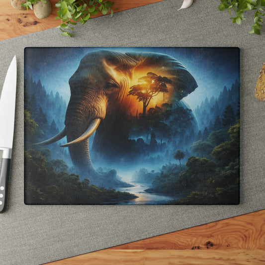 Cosmic Elephant Spirit Forest Glass Cutting Board – Mystical Wildlife Nature Kitchen Art