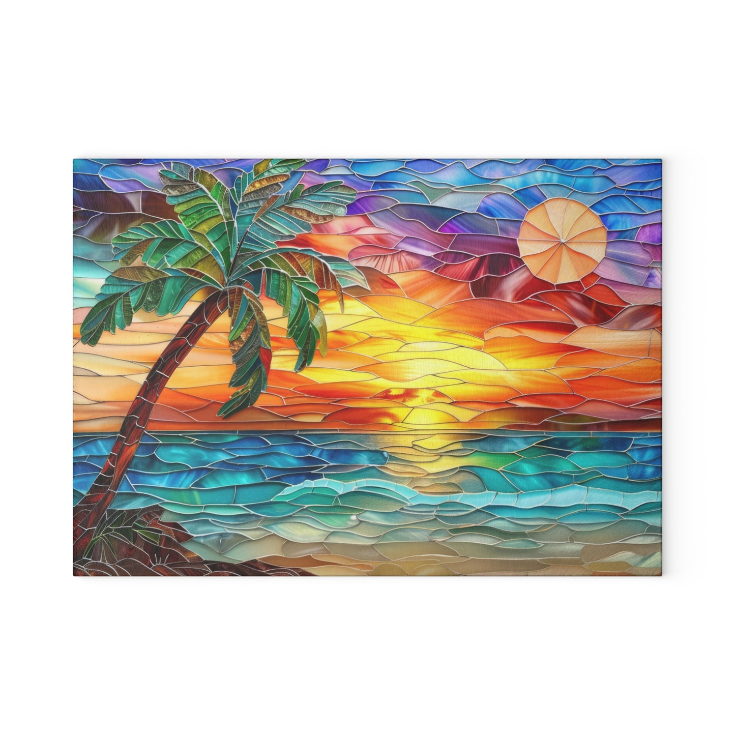 🌅🌴 Stained Glass look like Sunset Beach Cutting Board – Coastal Artistry for Your Kitchen 🌊