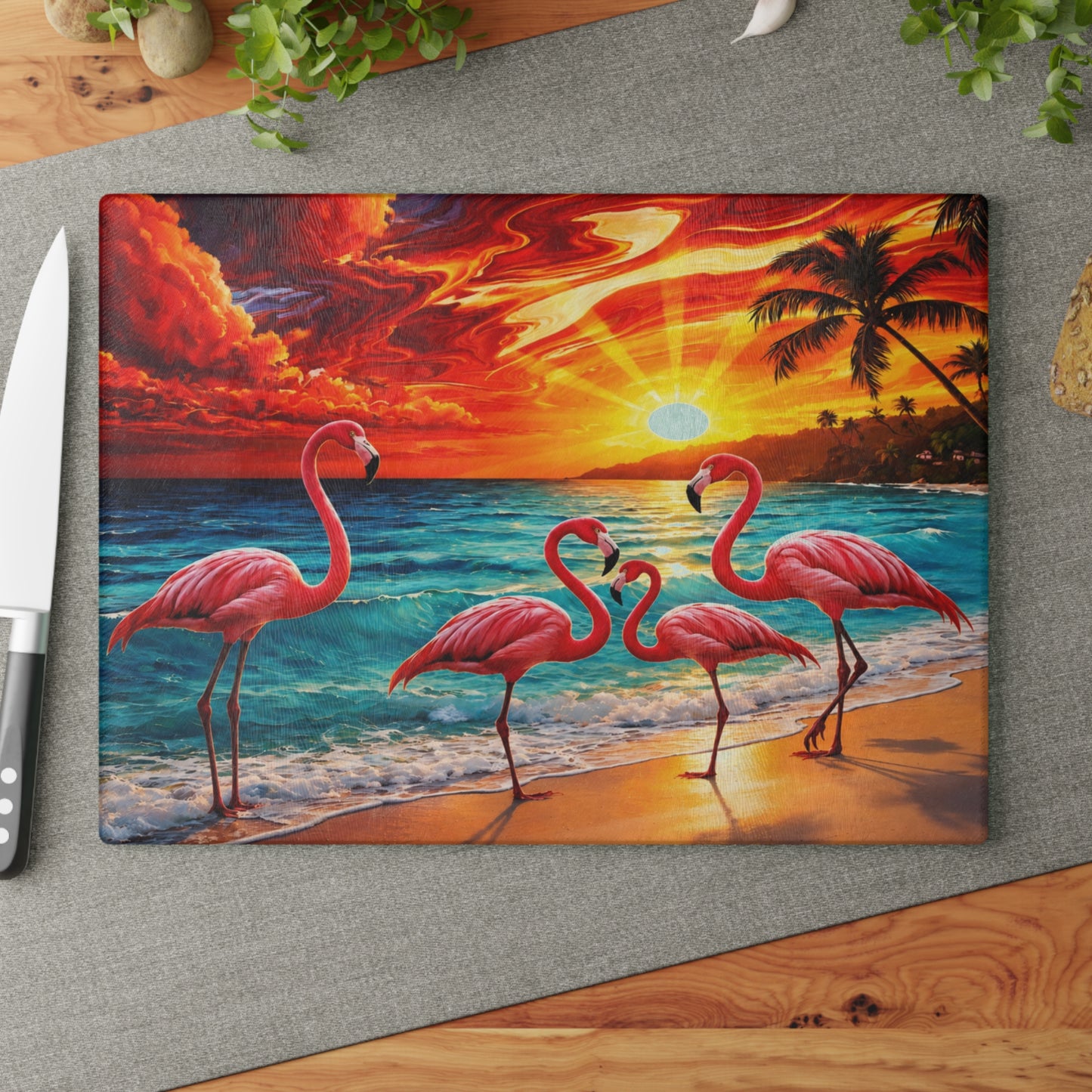 Vibrant Flamingo Sunset Glass Cutting Board – Tropical Coastal Kitchen Decor